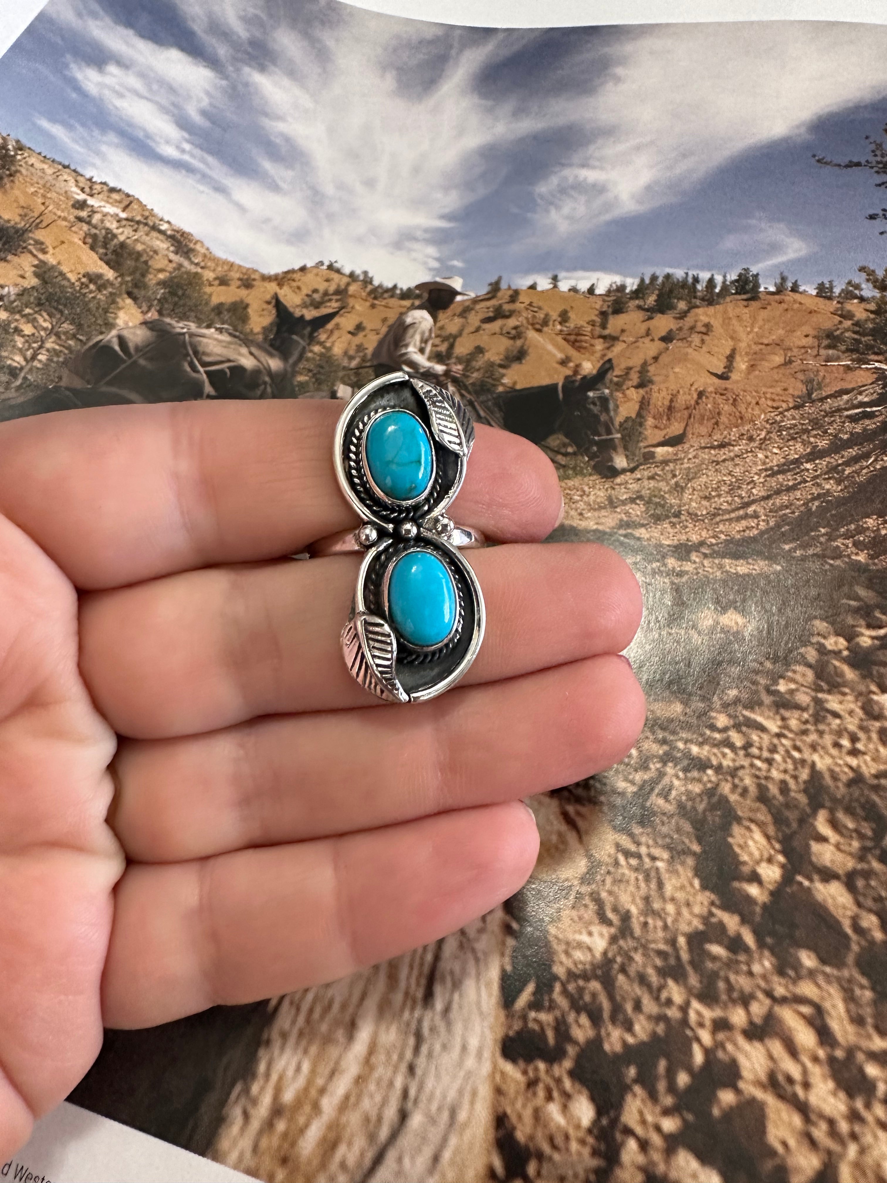 Nizhoni Beautiful Sterling Silver & Turquoise Feather Ring (Blue)