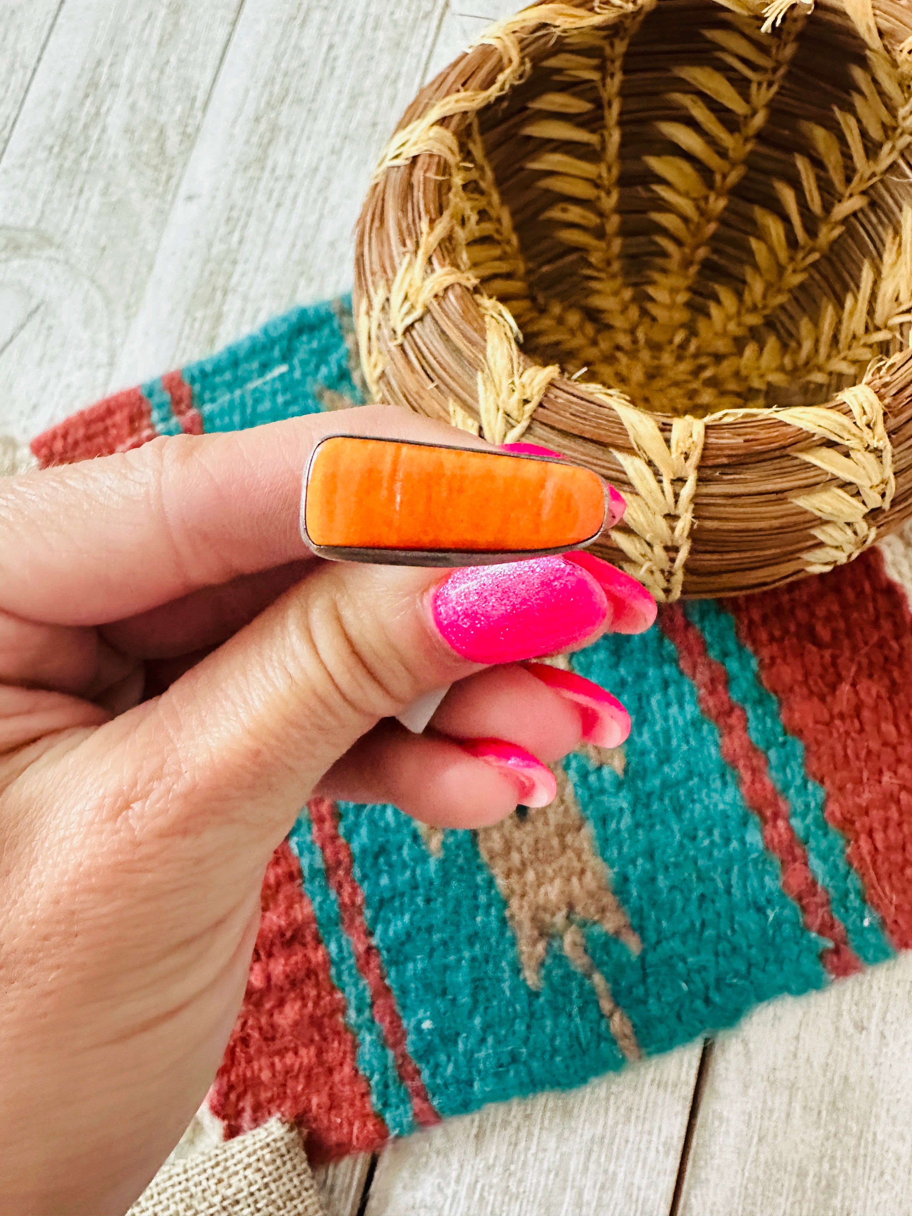 Handcrafted Sterling Silver & Orange Spiny Band Ring Size 10