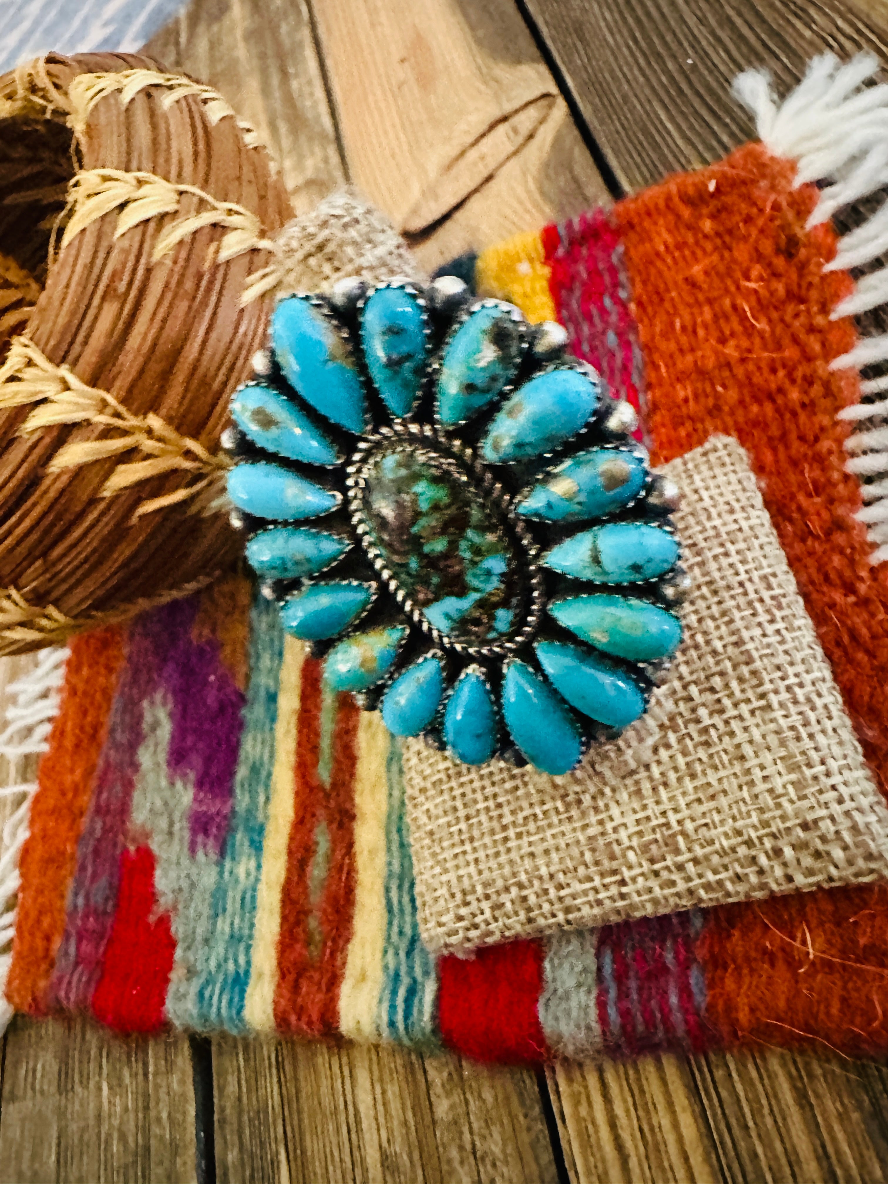 Handcrafted Turquoise & Sterling Silver Adjustable Cluster Ring