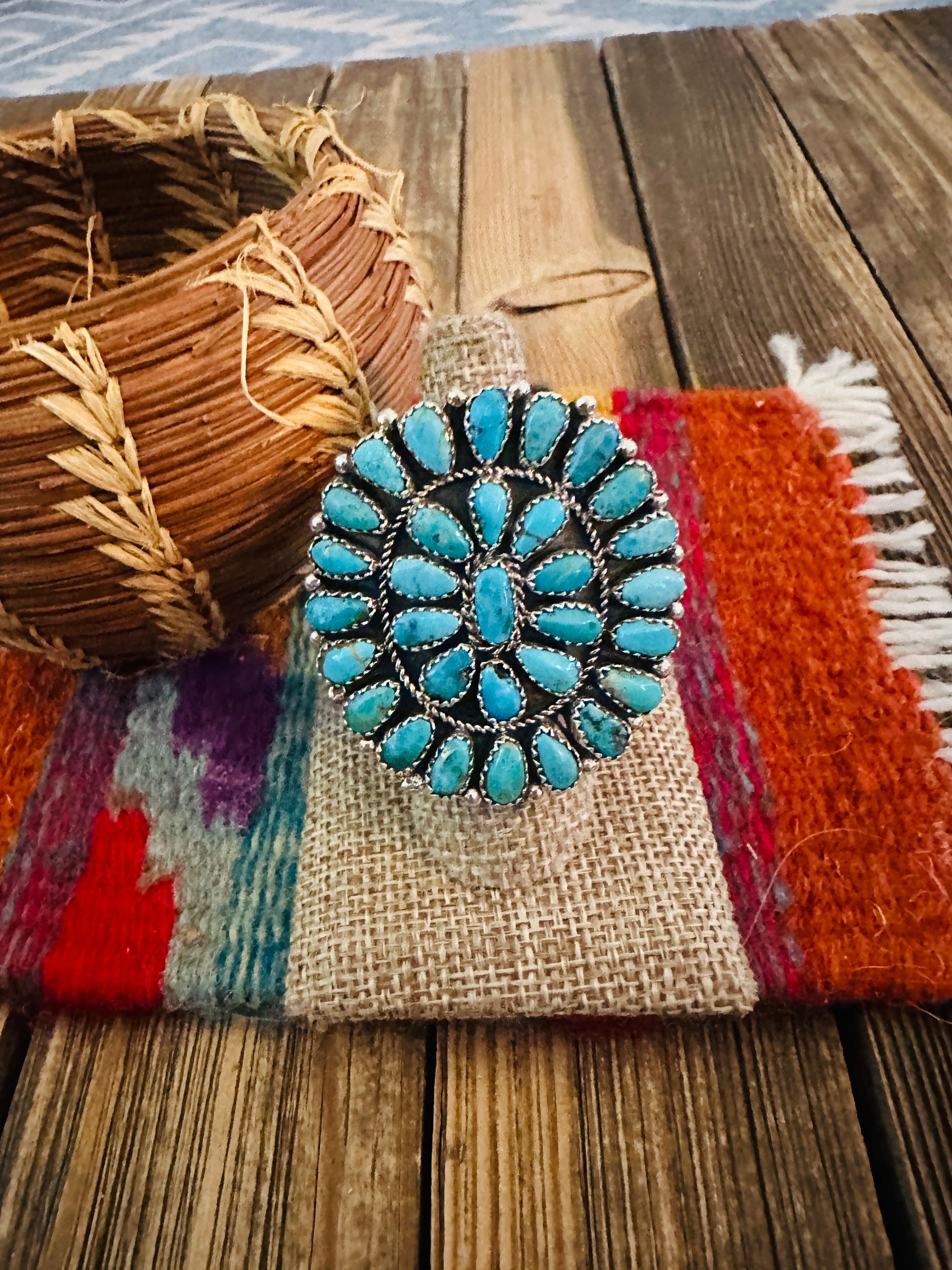 Handcrafted Turquoise & Sterling Silver Adjustable Cluster Ring