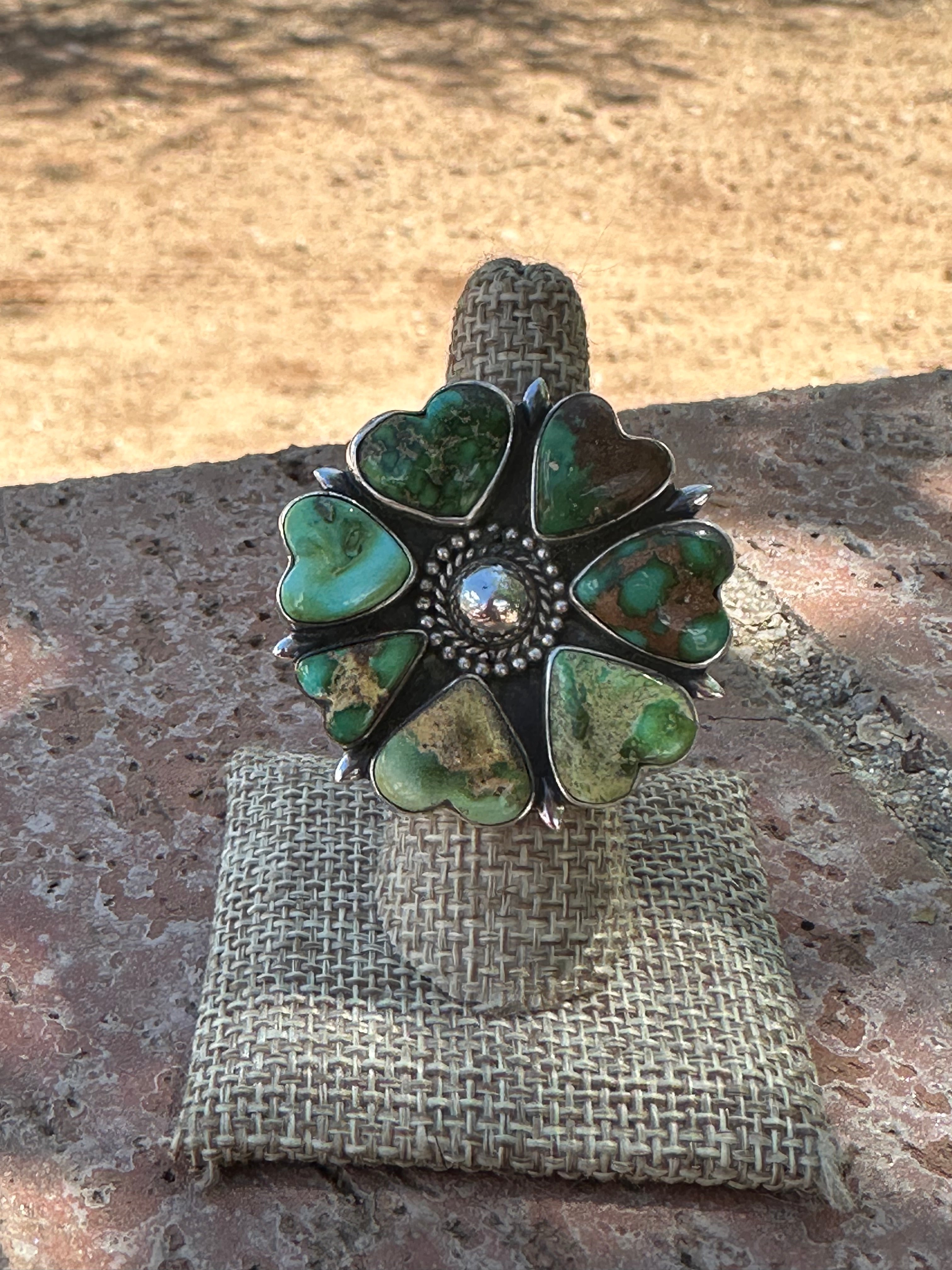 Beautiful Handmade Sonoran Mountain Turquoise And Sterling Silver Heart Adjustable Ring