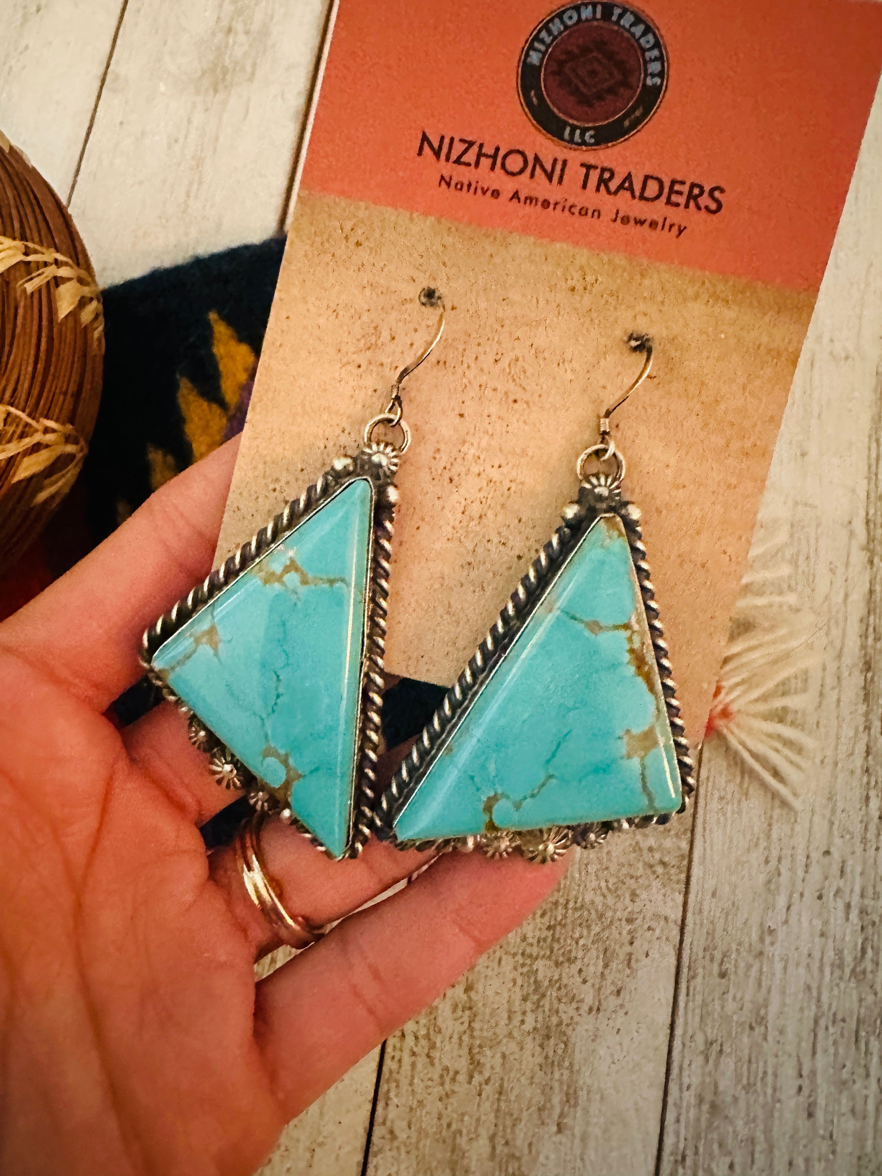 Navajo Number 8 Turquoise And Sterling Silver Dangle Earrings