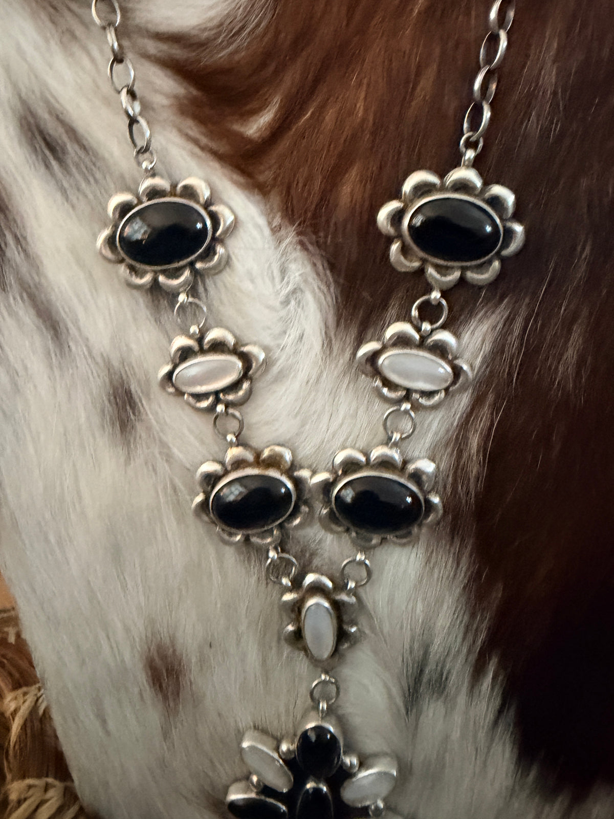 Handcrafted Onyx, Mother of Pearl & Sterling Silver Cluster Necklace and Earring Set by Larry Kaye