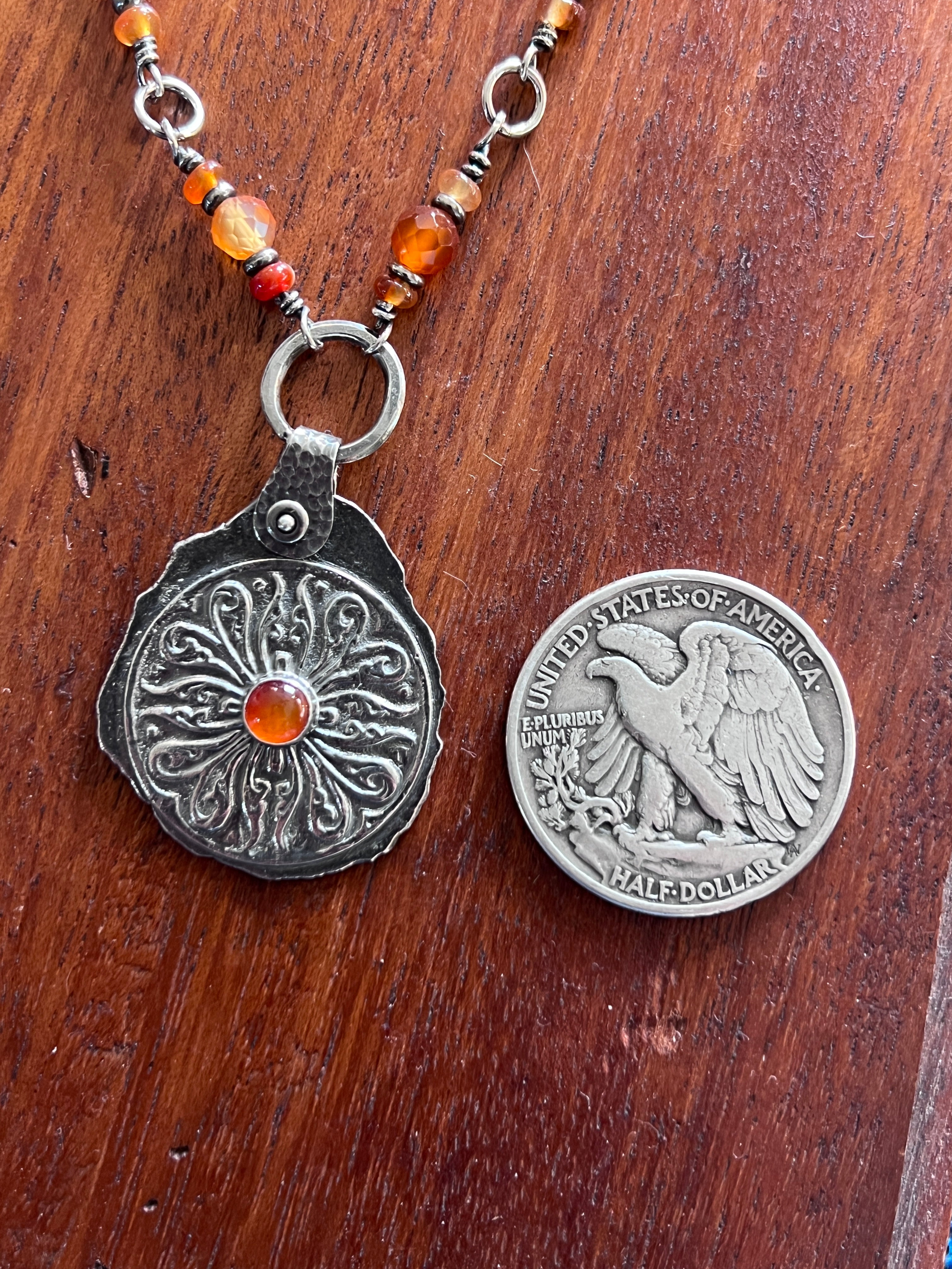 Tularosa Rosary Style Sterling Silver and Carnelian Relic Coin Necklace