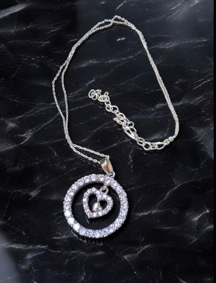Sterling Silver CZ Circle Heart Pendant Necklace