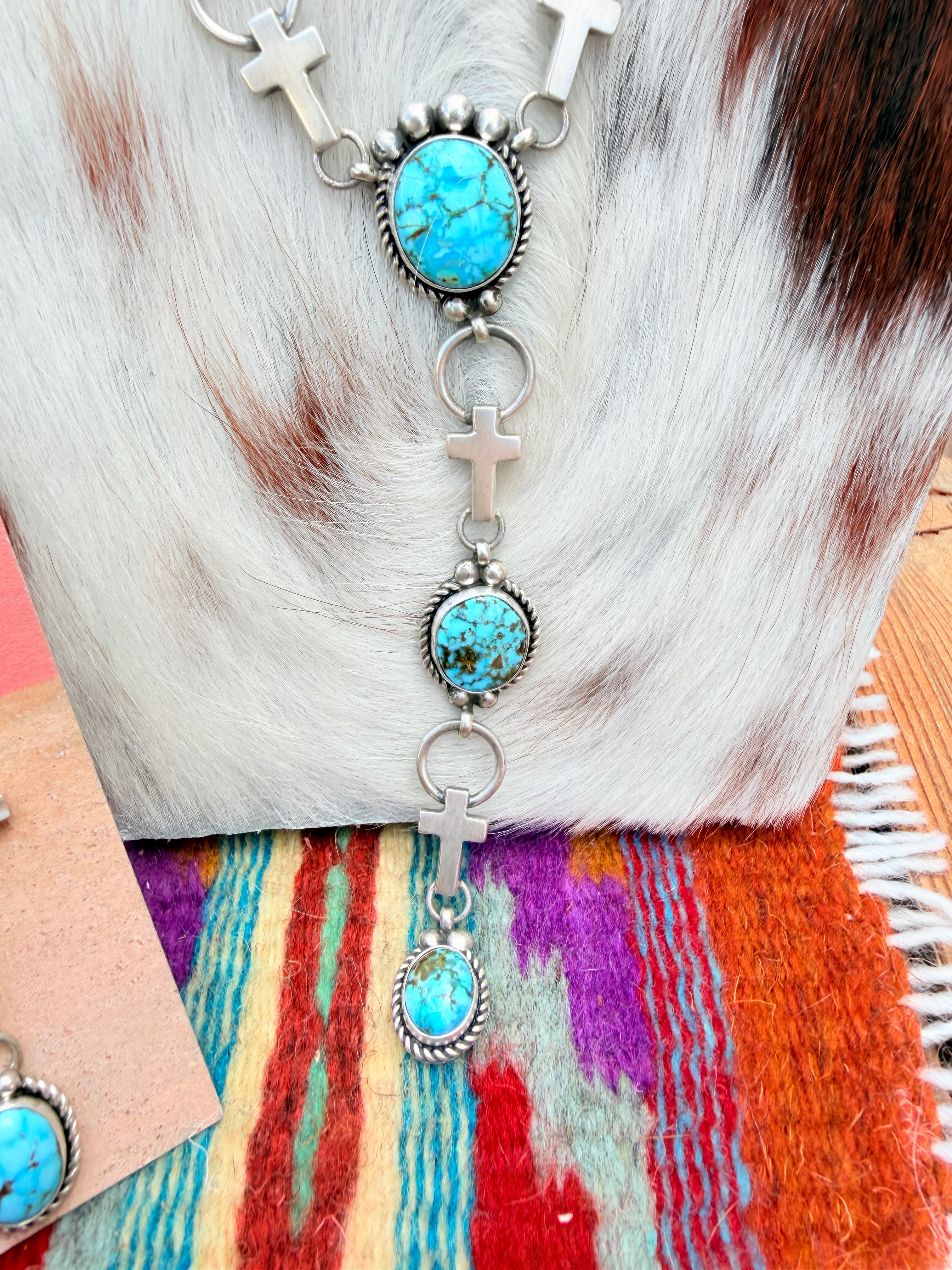 Handcrafted Turquoise & Sterling Silver Cross Necklace and Earring Set by Fred Francis