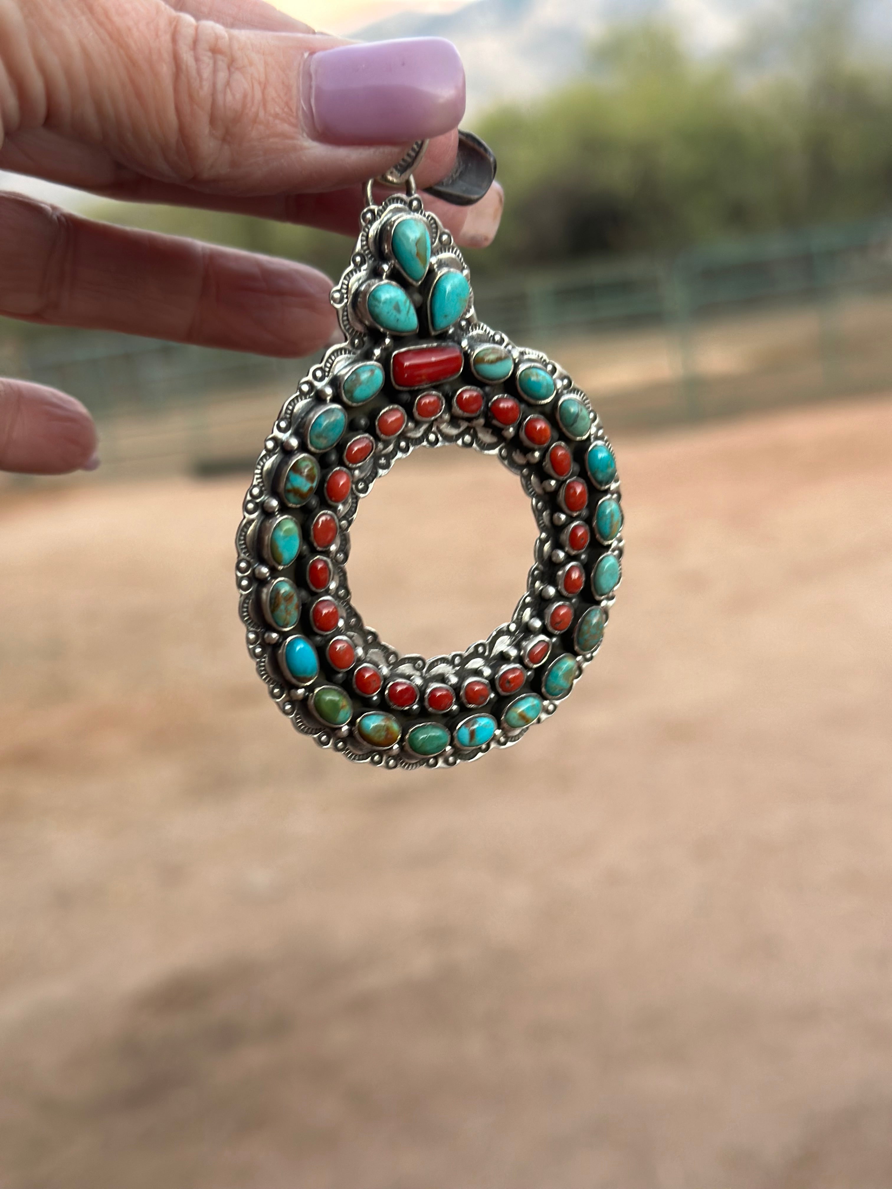 Handmade Sterling Silver, Coral & Kingman Turquoise Christmas Wreath Pendant