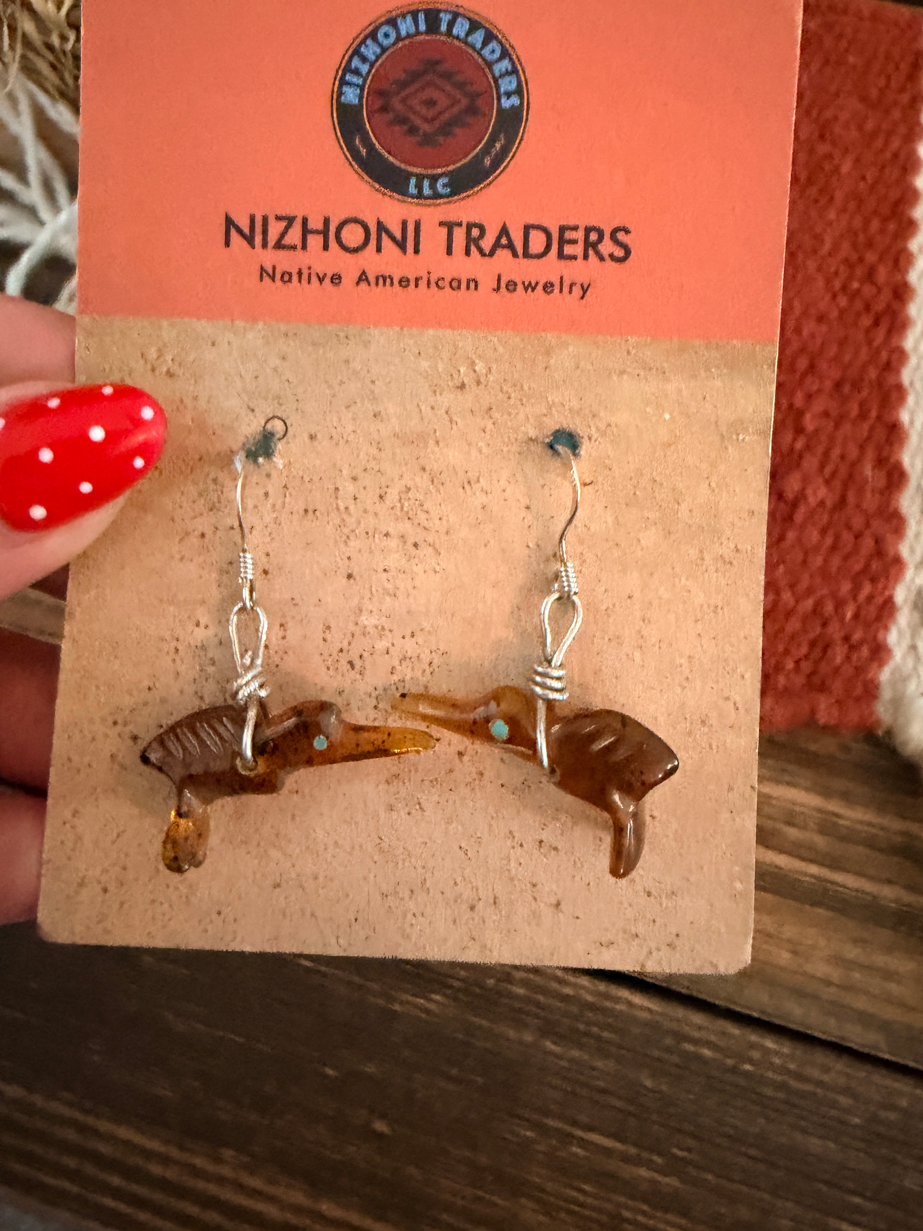 Hand Carved Amber and Turquoise Fetish Hummingbird Dangle Earrings