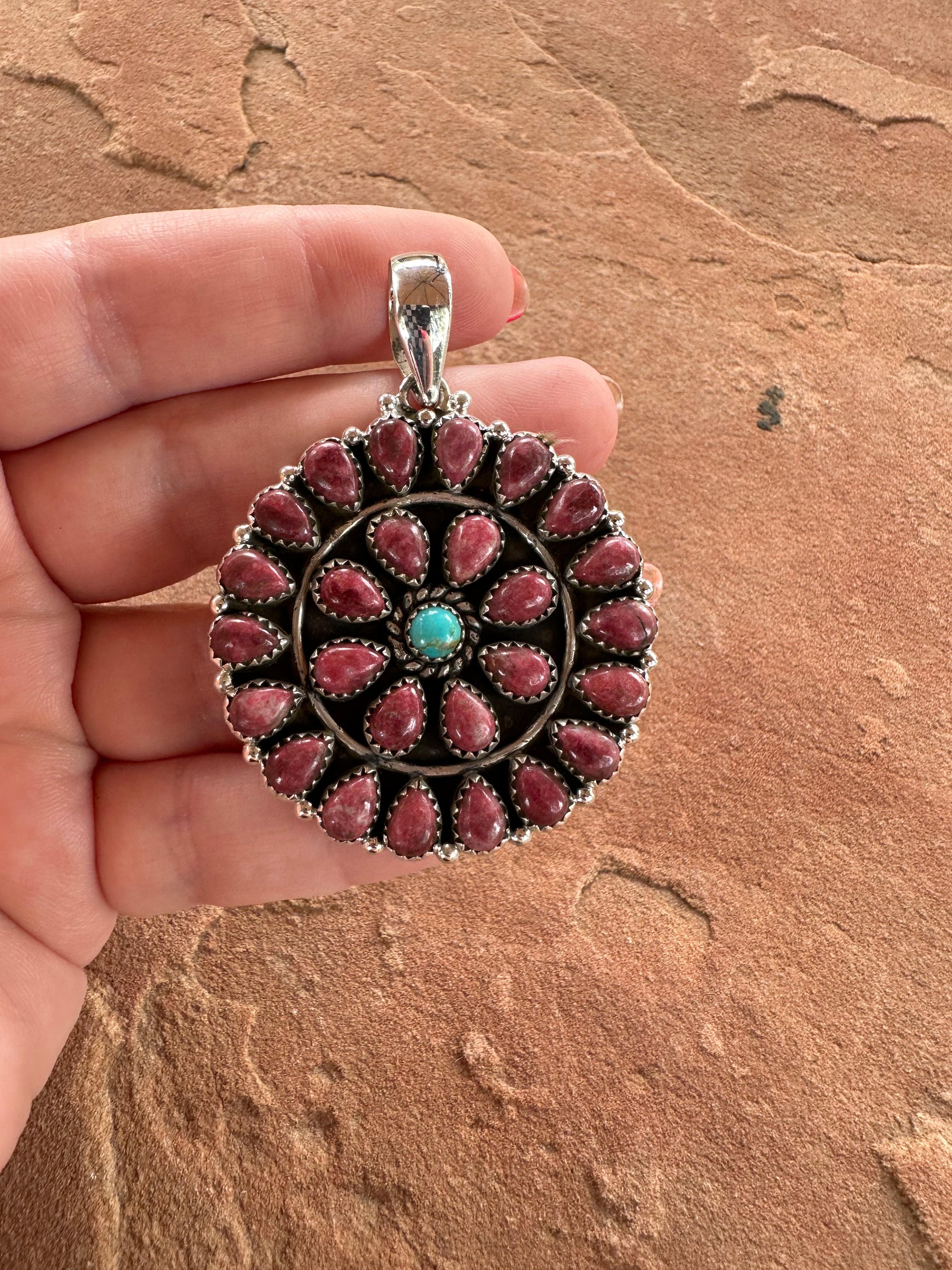 Beautiful Handmade Sterling Silver, Rhodonite & Turquoise Cluster Pendant