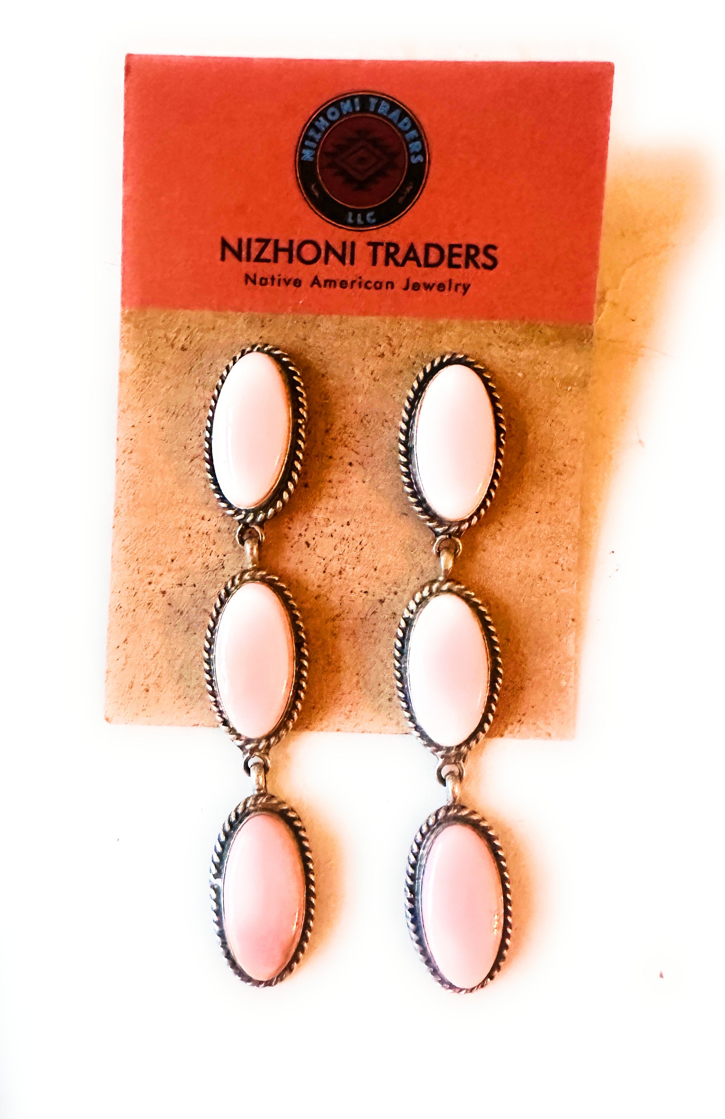 Navajo Queen Pink Conch & Sterling Silver 3-Stone Dangle Earrings