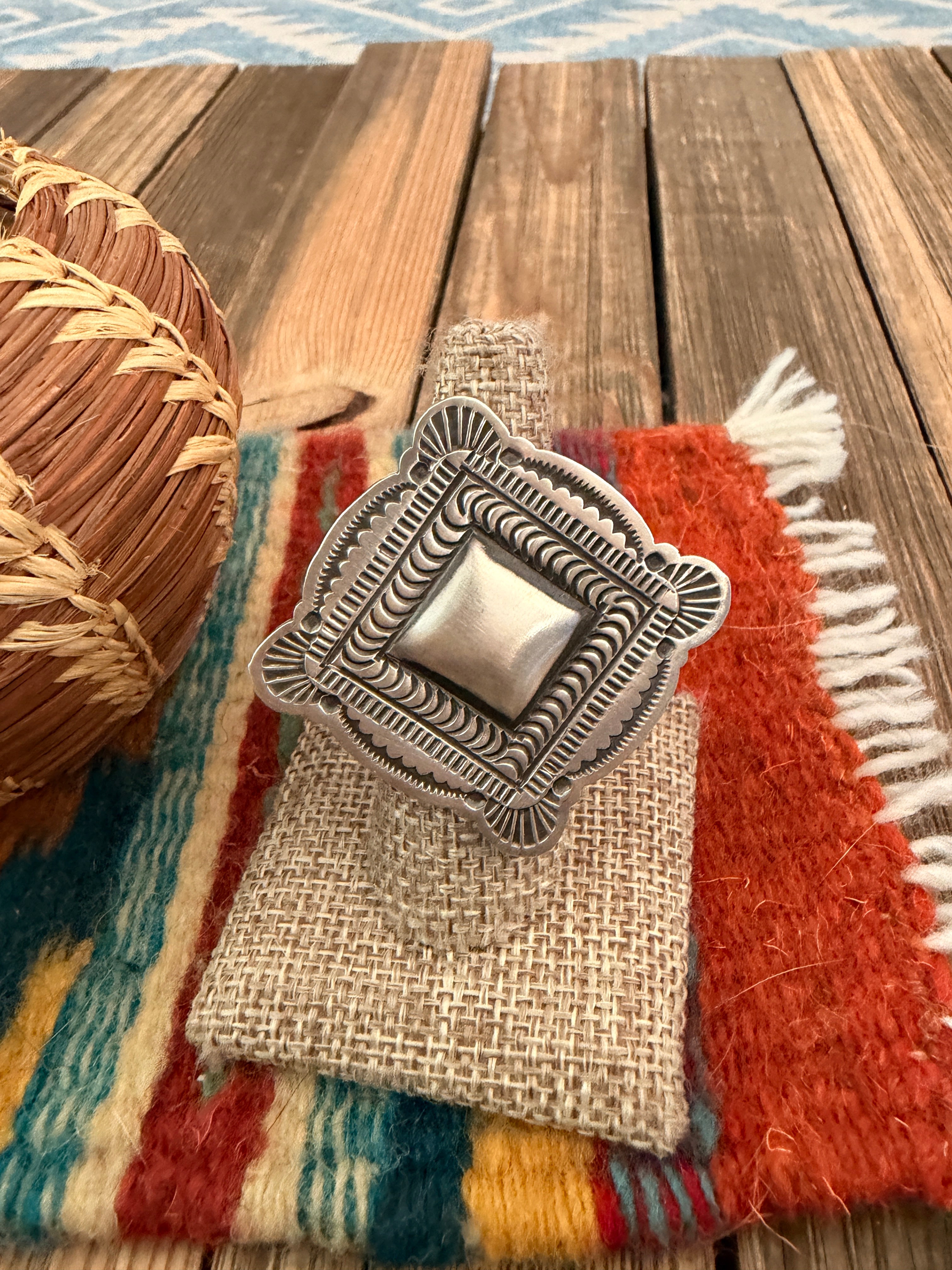 Handcrafted Sterling Silver Adjustable Concho Ring by Leander Tahe