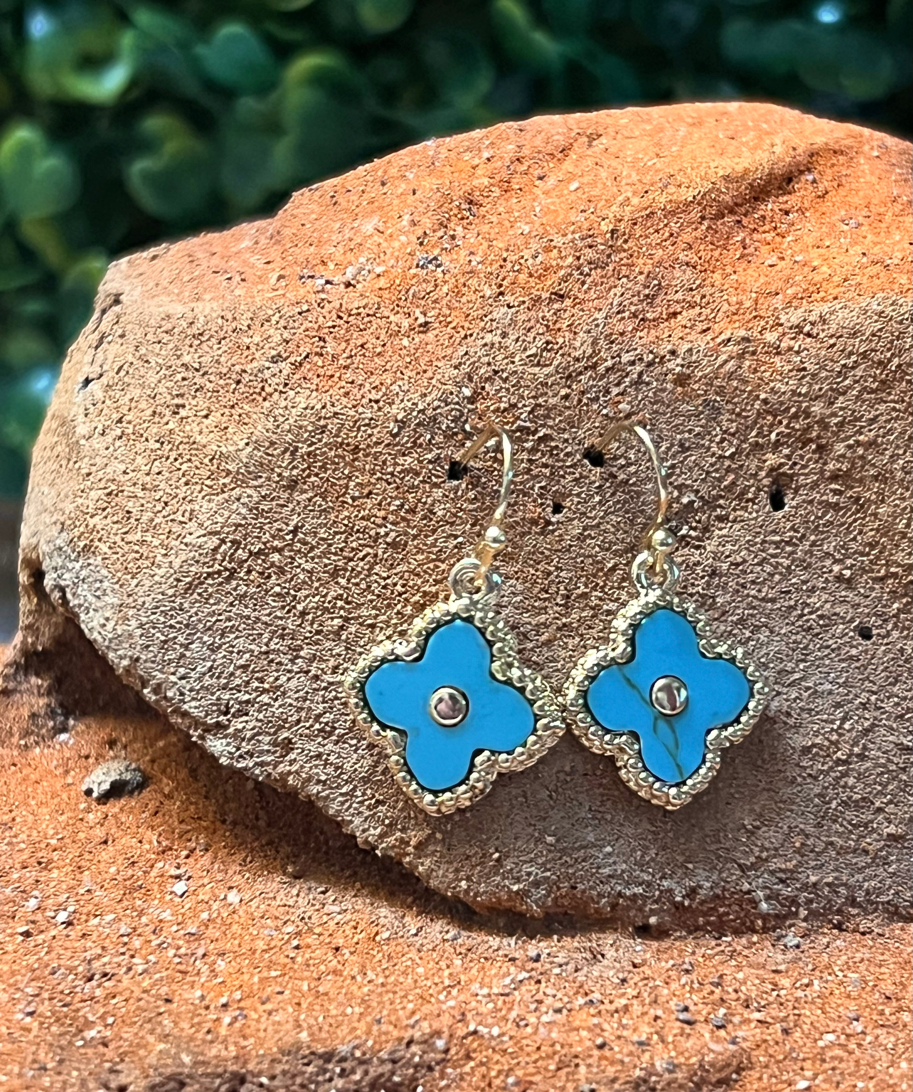 14k Gold Plated Turquoise Clover Dangle Wire Earrings