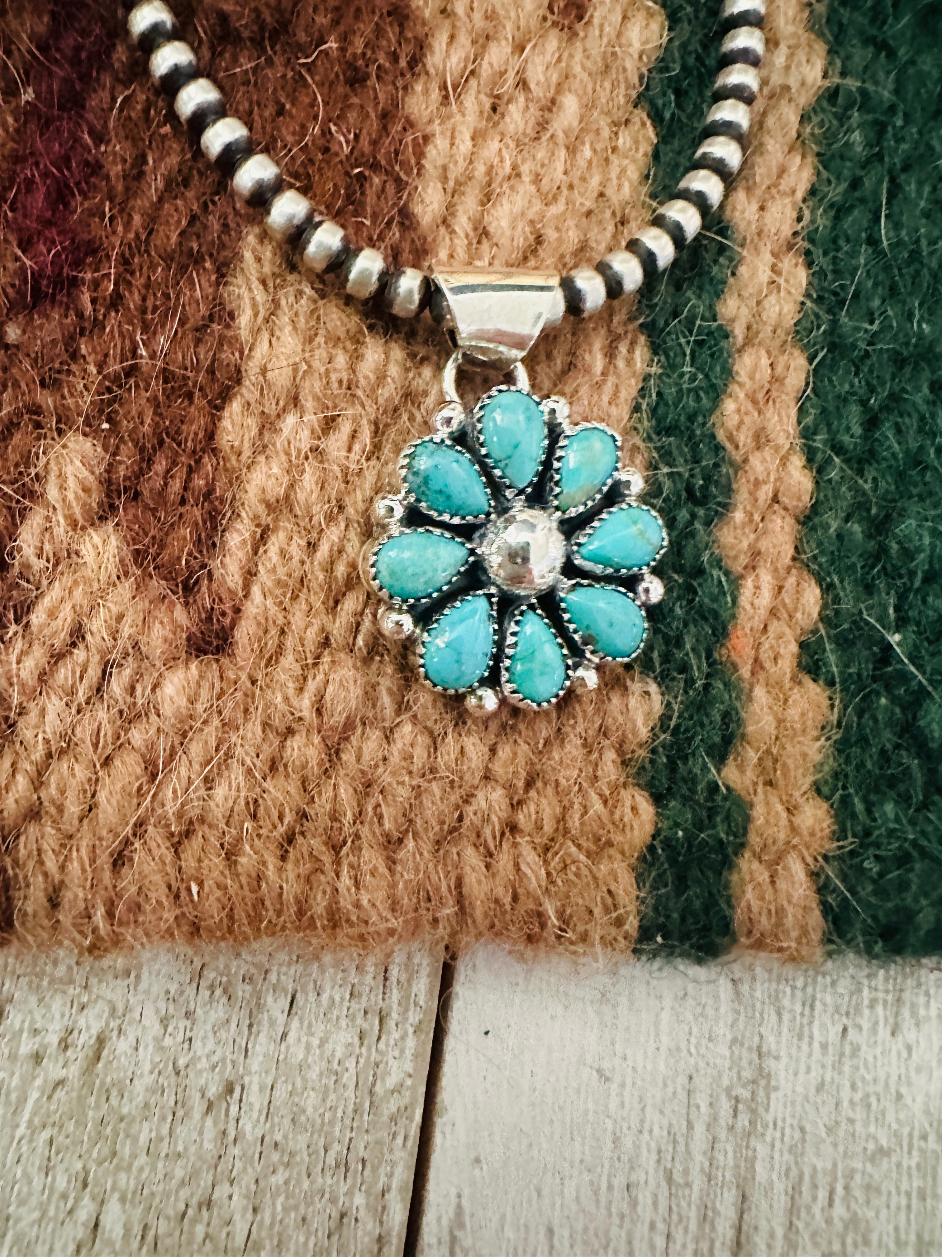 Navajo Turquoise & Sterling Silver Cluster Flower Pendant