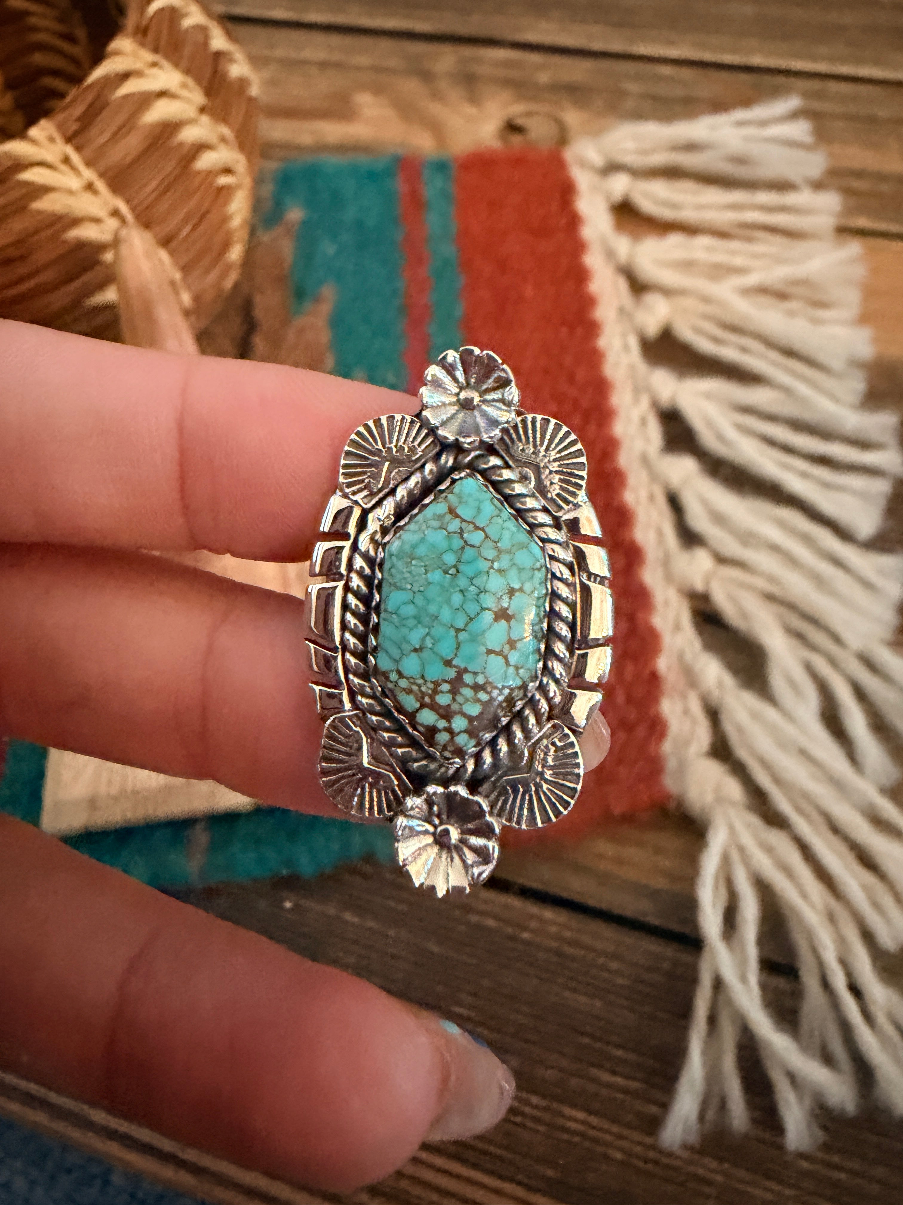 Handmade Sterling Silver Number 8 Turquoise Adjustable Ring Signed Nizhoni