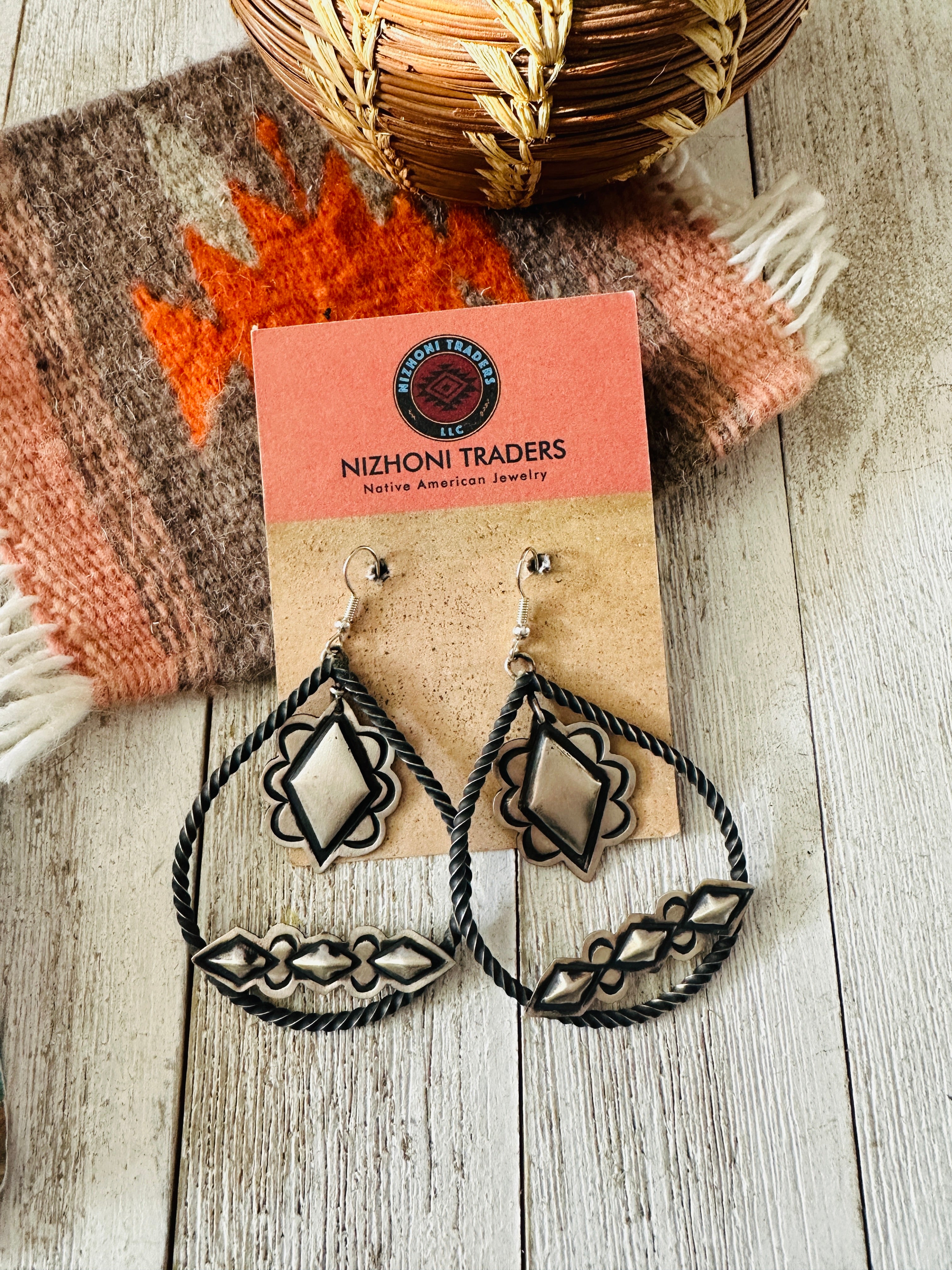 Navajo Hand Stamped Sterling Silver Concho Dangle Earrings