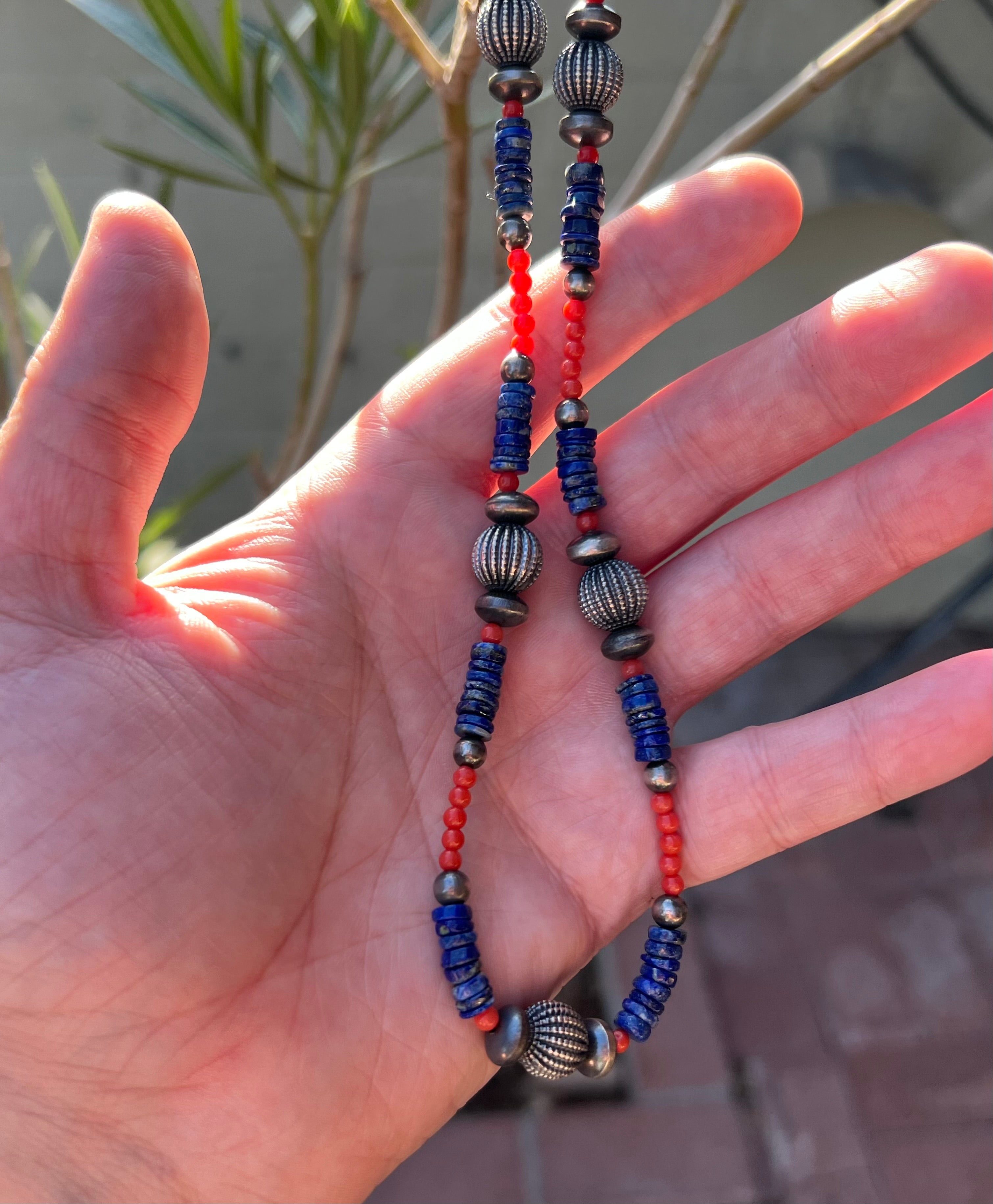 Handmade Coral & Lapis Beaded Sterling Silver Necklace