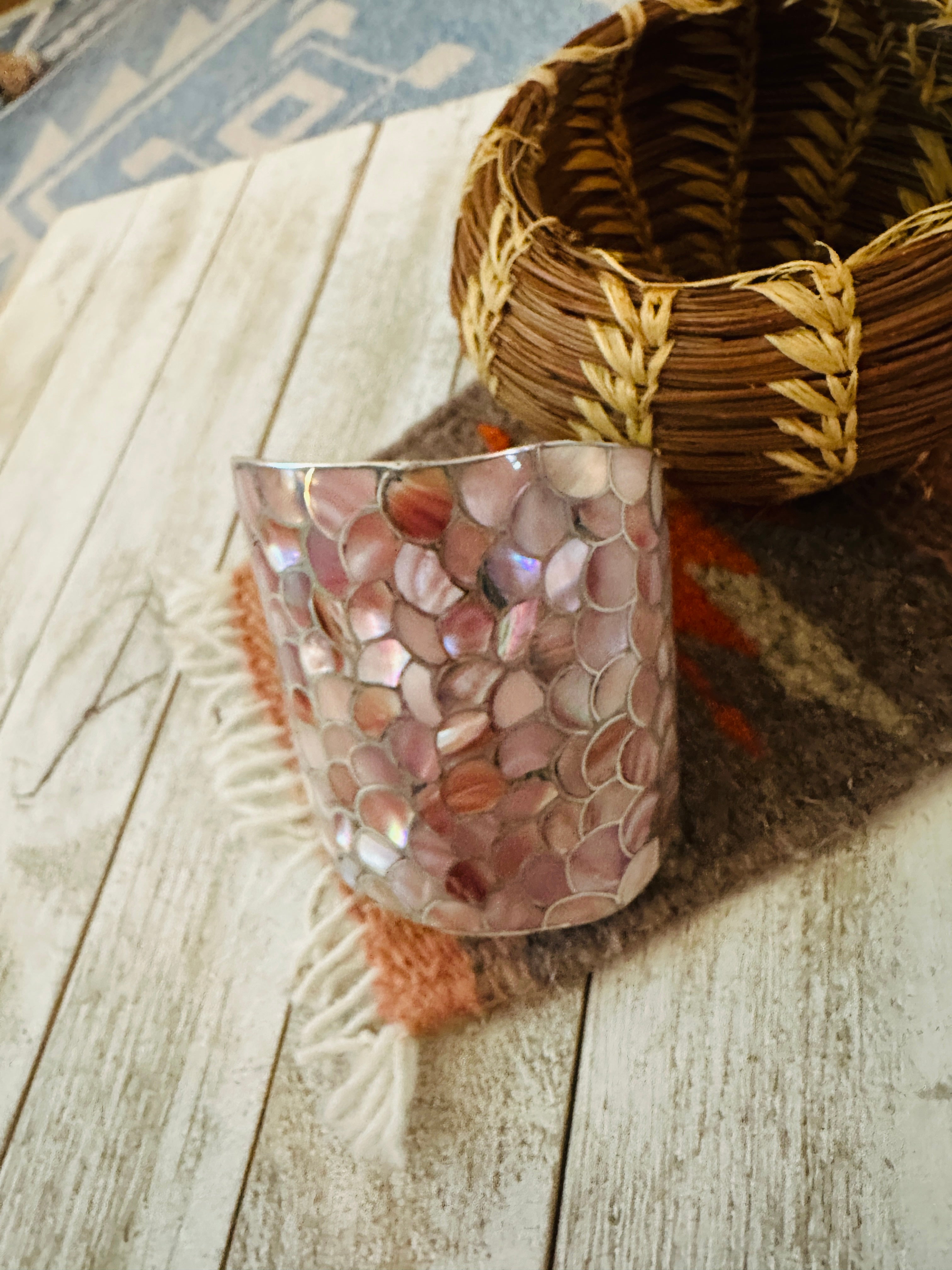 Handcrafted Sterling Silver & Mother of Pearl Inlay Cuff Bracelet D