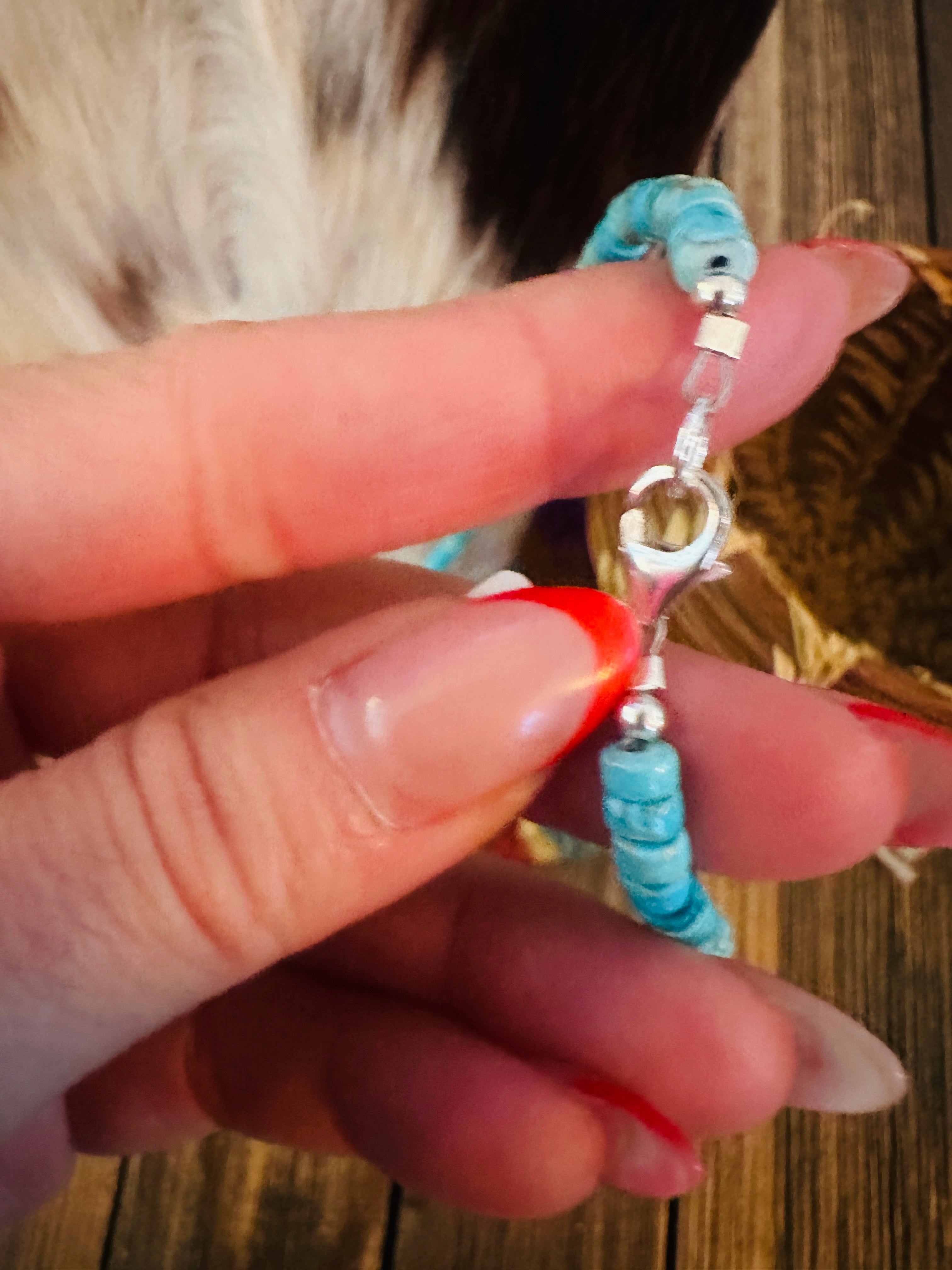 Handcrafted Turquoise, Mother of Pearl & Sterling Silver 16” Beaded Necklace