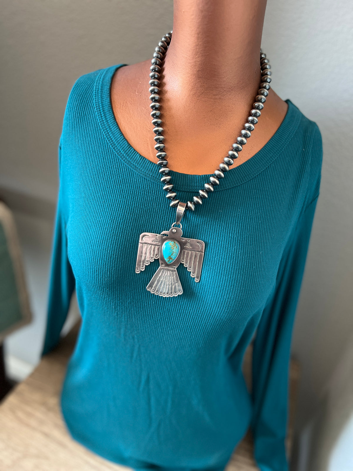 Kimari Somers Hand Stamped Sterling Silver & Kingman Turquoise Thunderbird Pendant 2