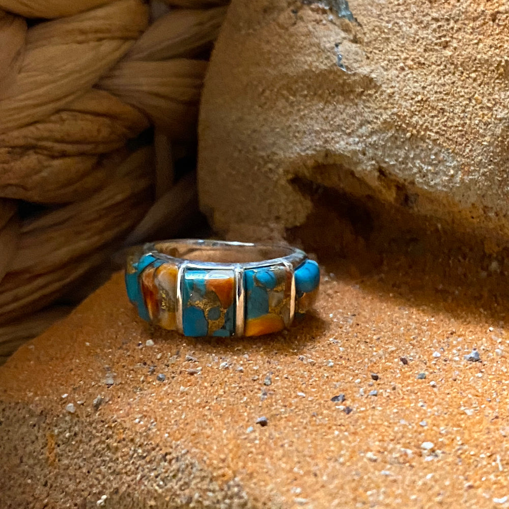 Sterling Silver Five Stone Orange Spiny Turquoise Ring Size 6.5