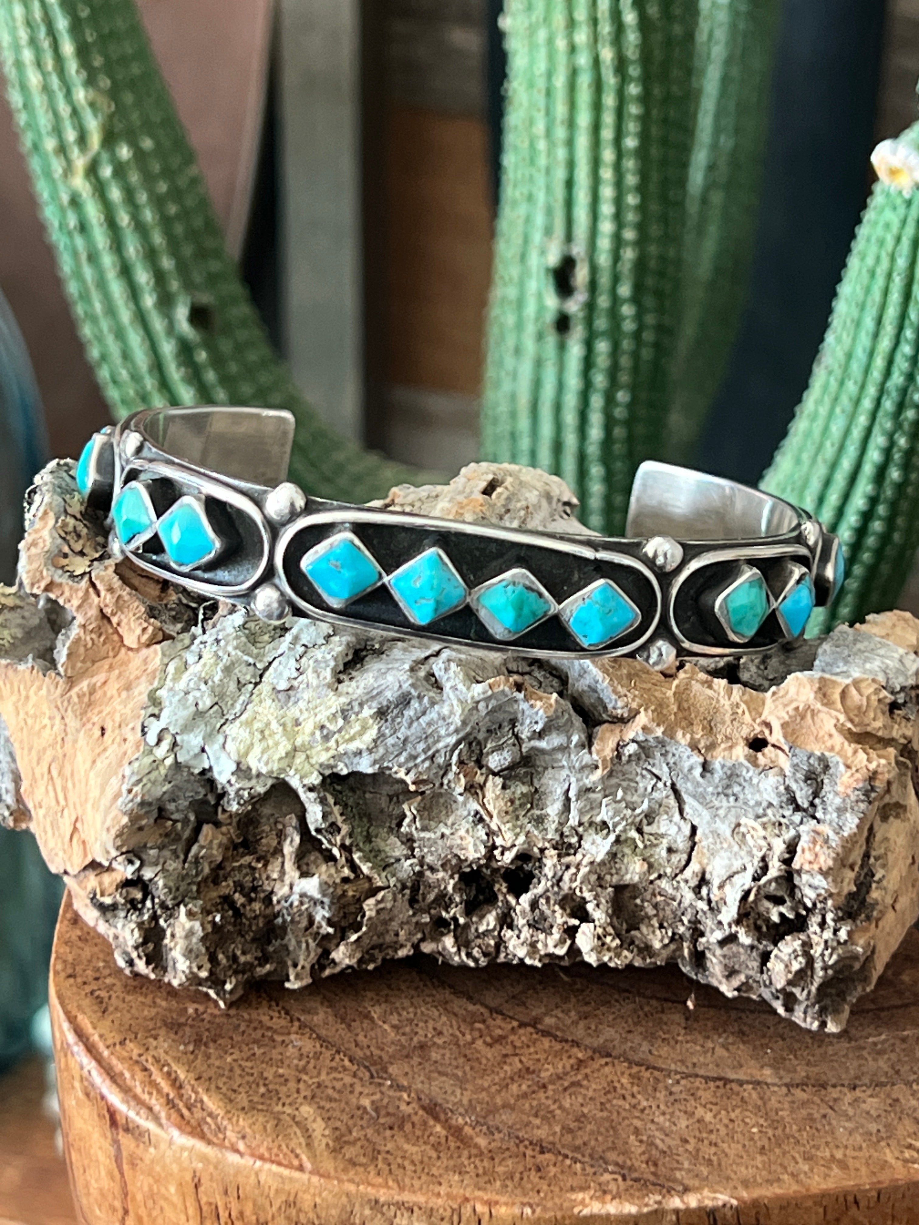 Handcrafted Vintage Sterling Silver and Four Diamond Turquoise Panel Stacker Cuff Bracelet