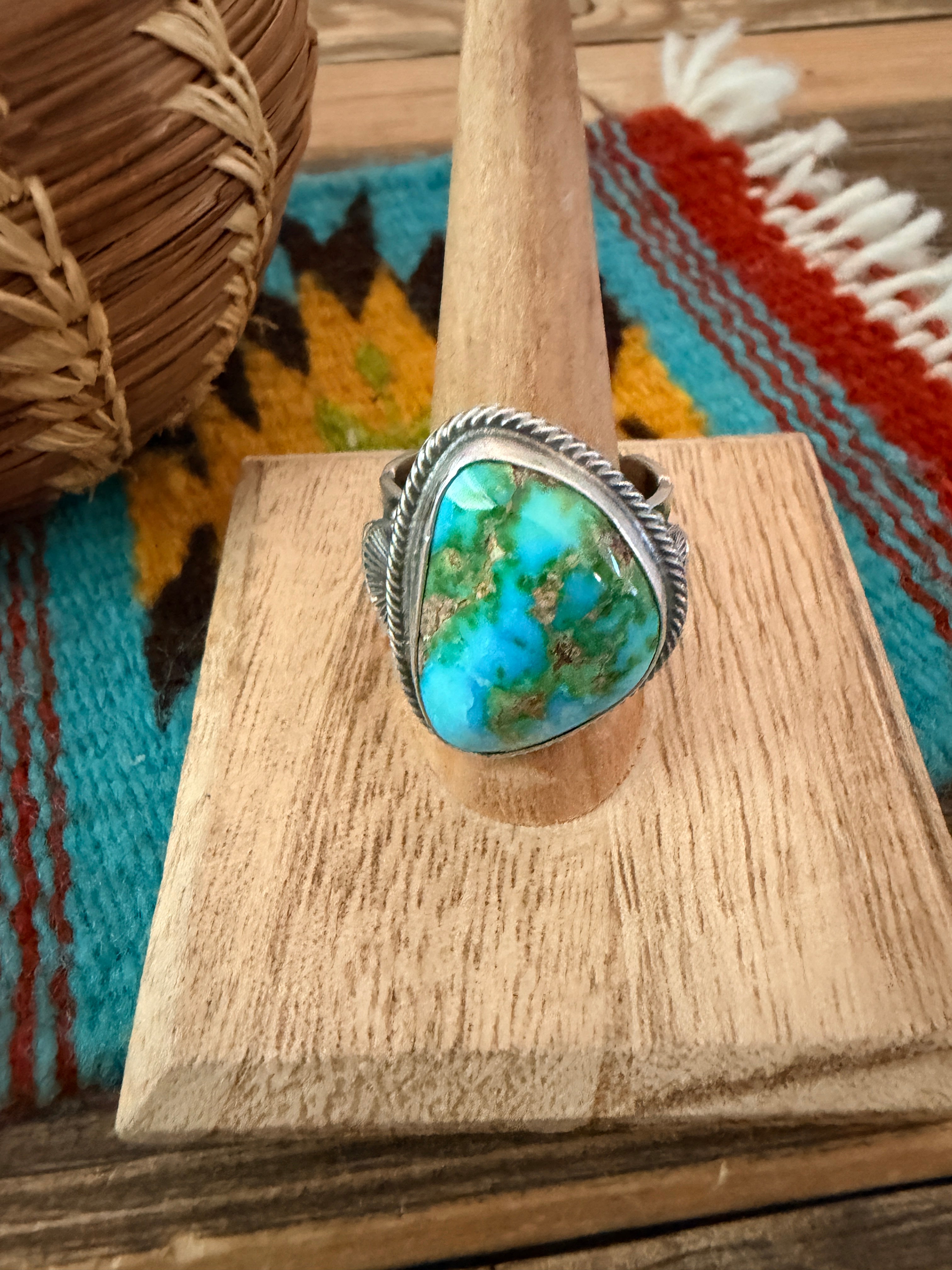 Handcrafted Sonoran Mountain Turquoise & Sterling Silver Ring Size 11.5 by Sheila Tso