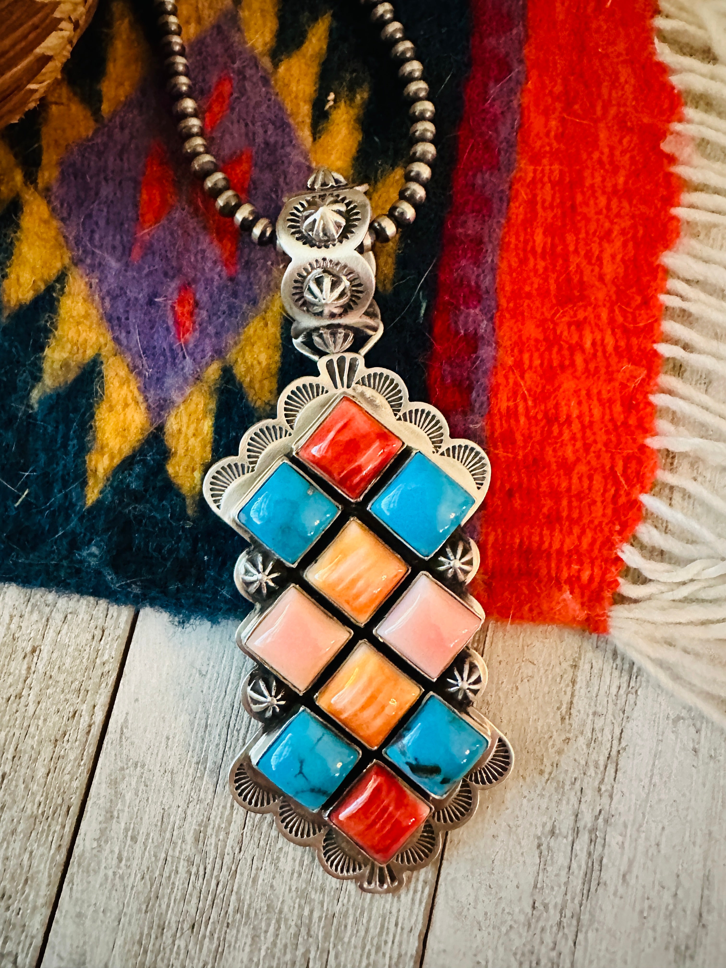 Navajo Multi Stone and Sterling Silver Cluster Pendant by Charles Johnson