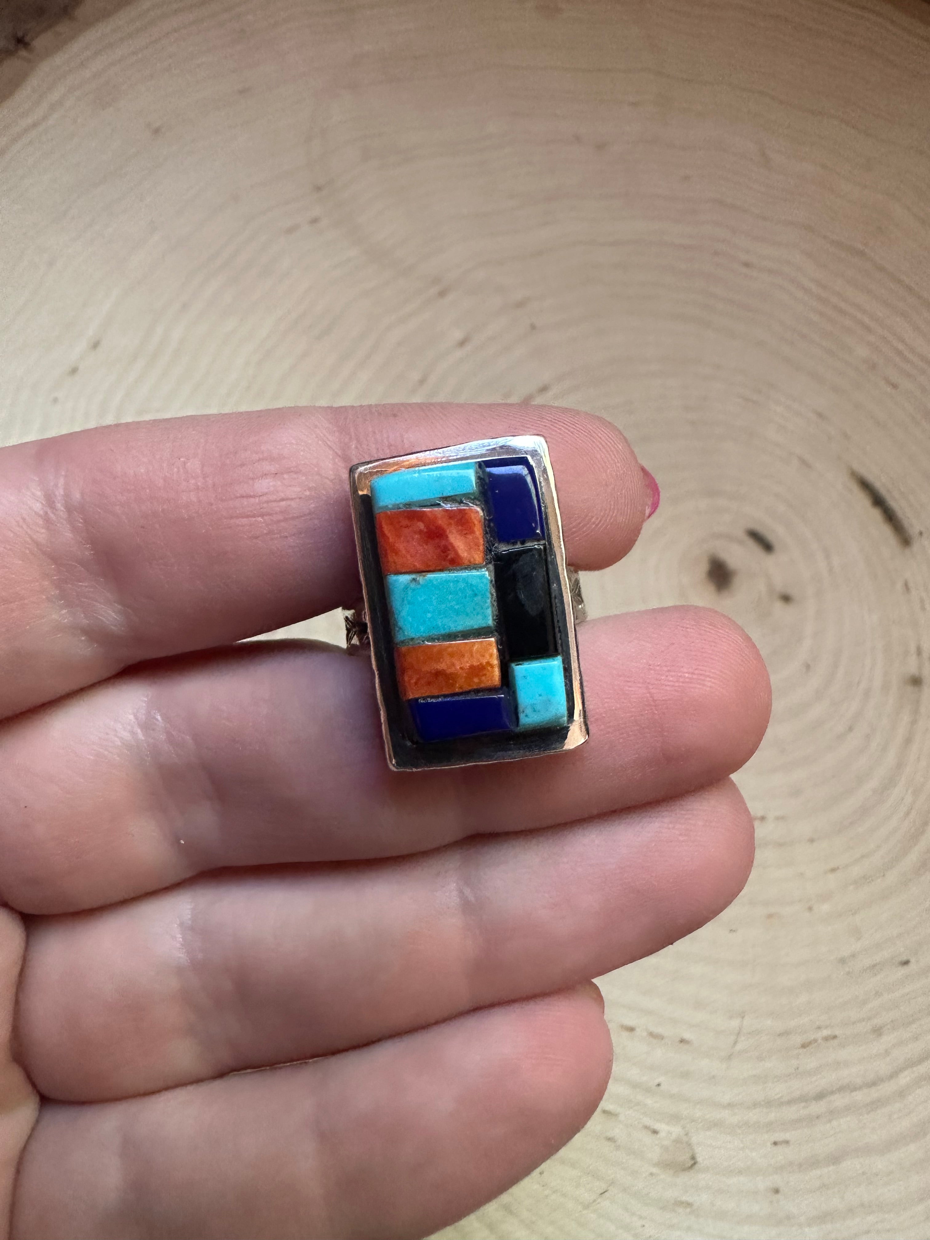 Handmade Multi Stone & Sterling Silver Rectangle Ring Size 6 Signed Nizhoni