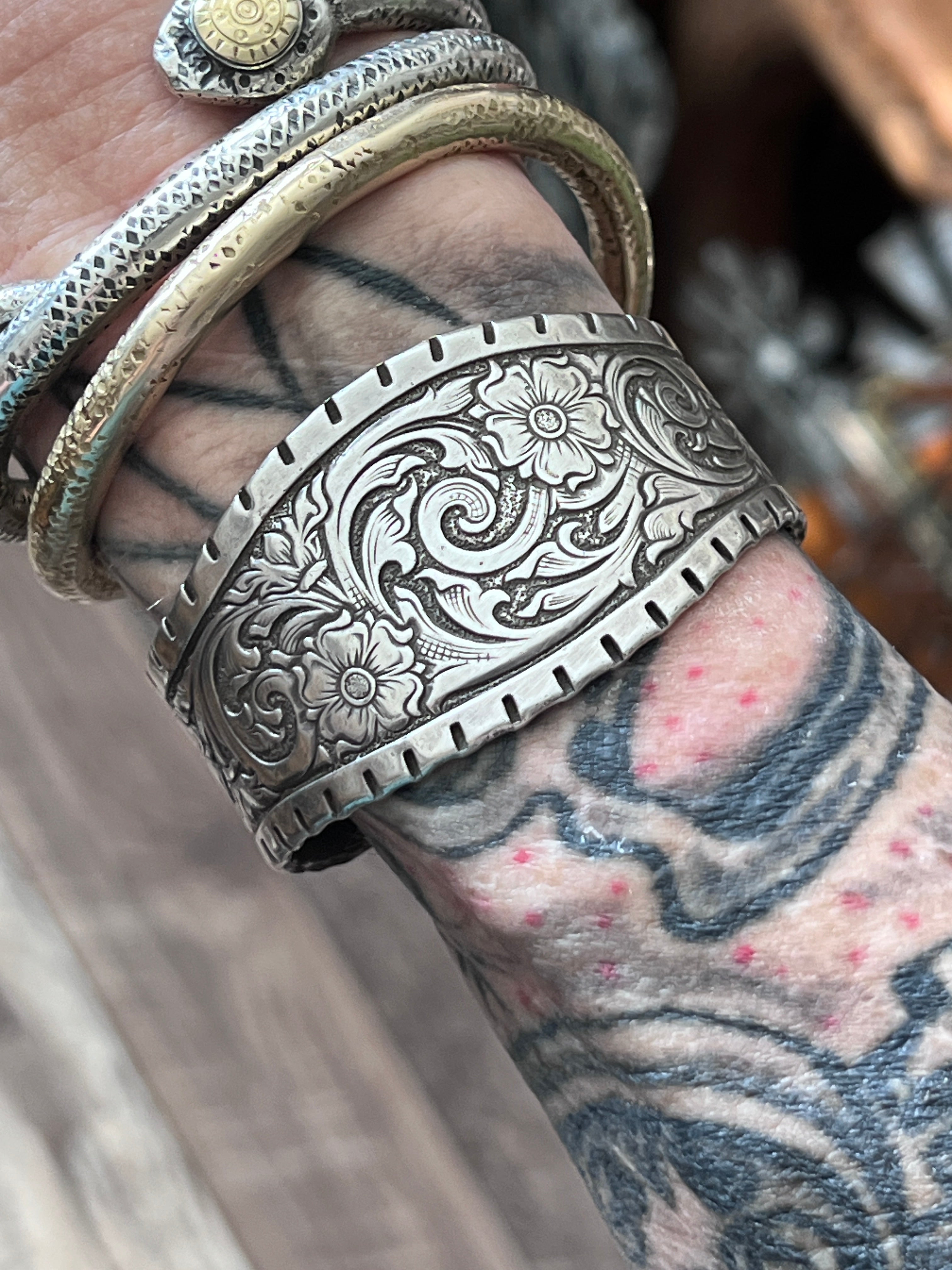 Old Pawn Tooled “Don’t Fence Me In” Sterling Silver Cuff Bracelet by Kit Carson