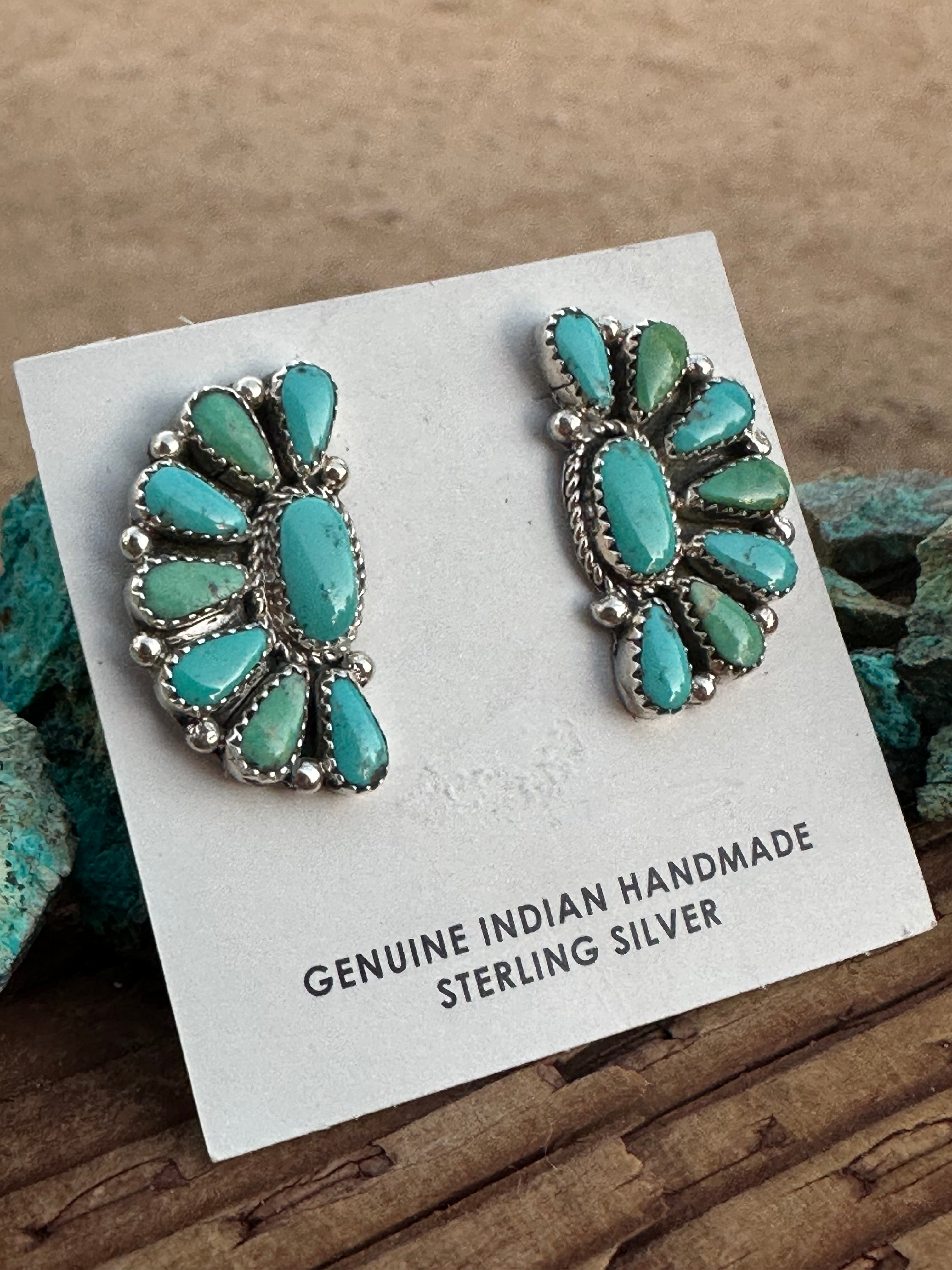 Navajo Geraldine James Turquoise Sterling Silver Cluster Stud Earrings