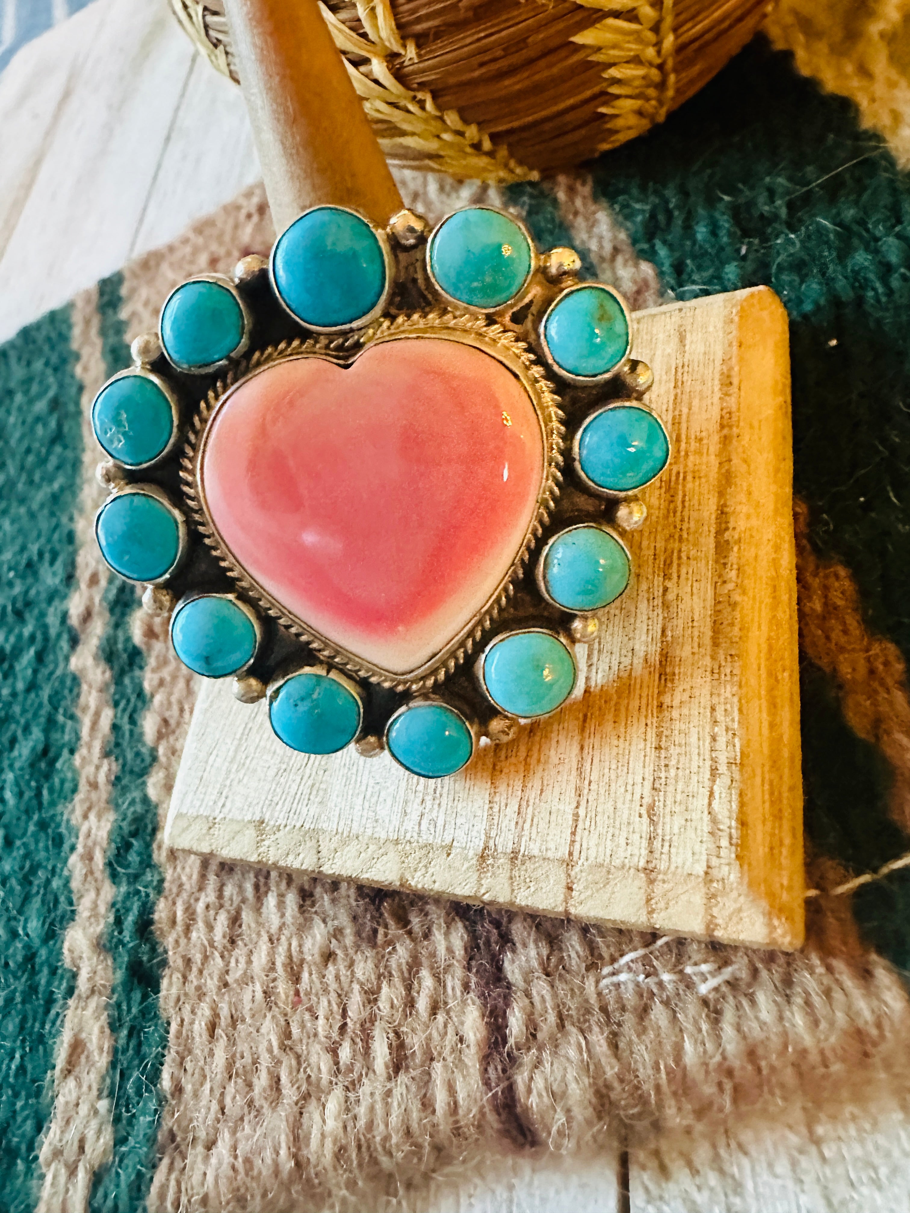 Navajo Sterling Silver, Queen Pink Conch & Turquoise Heart Adjustable Ring