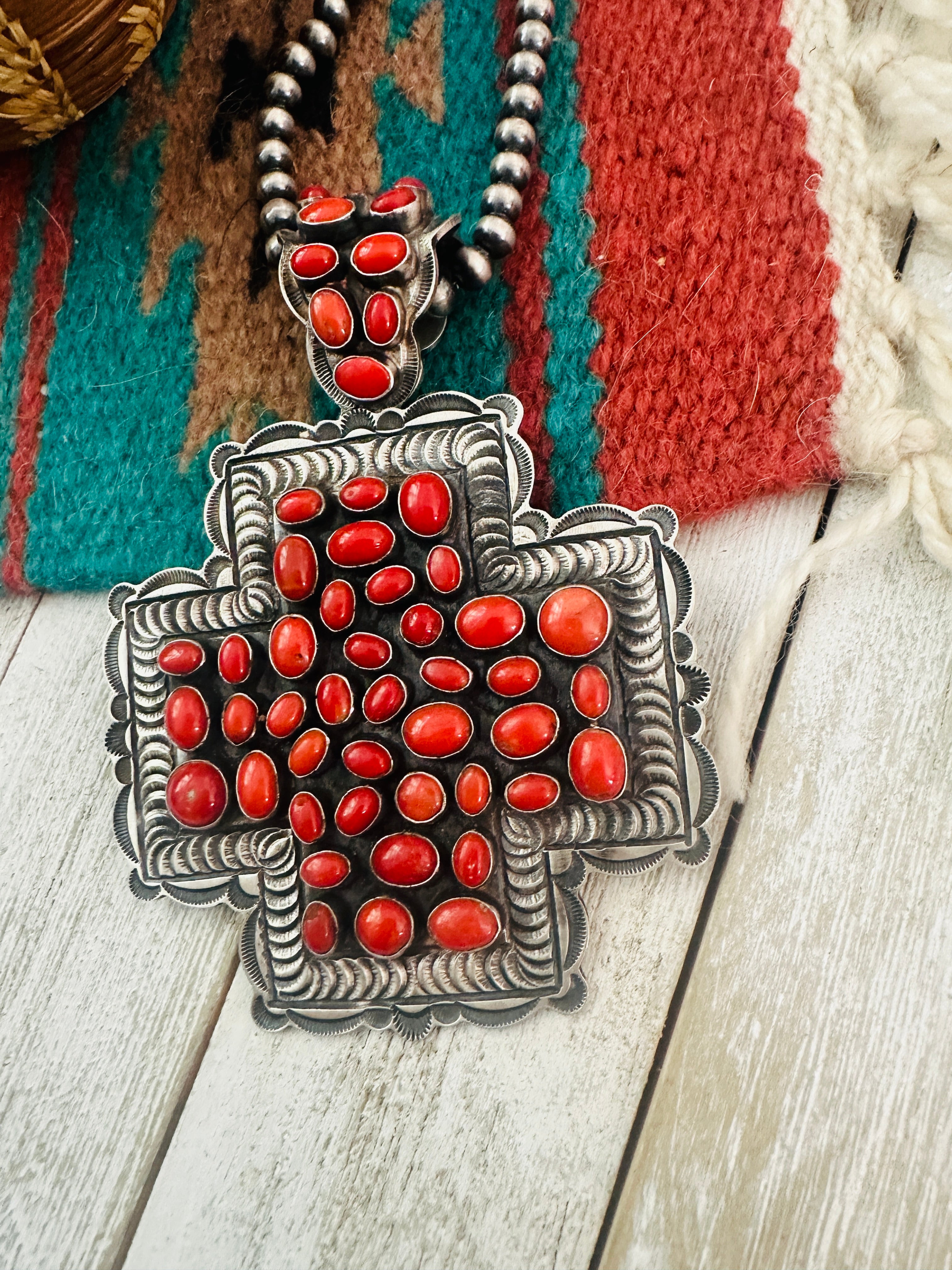 Navajo Sterling Silver & Coral Cross Pendant by Shawn Cayatineto