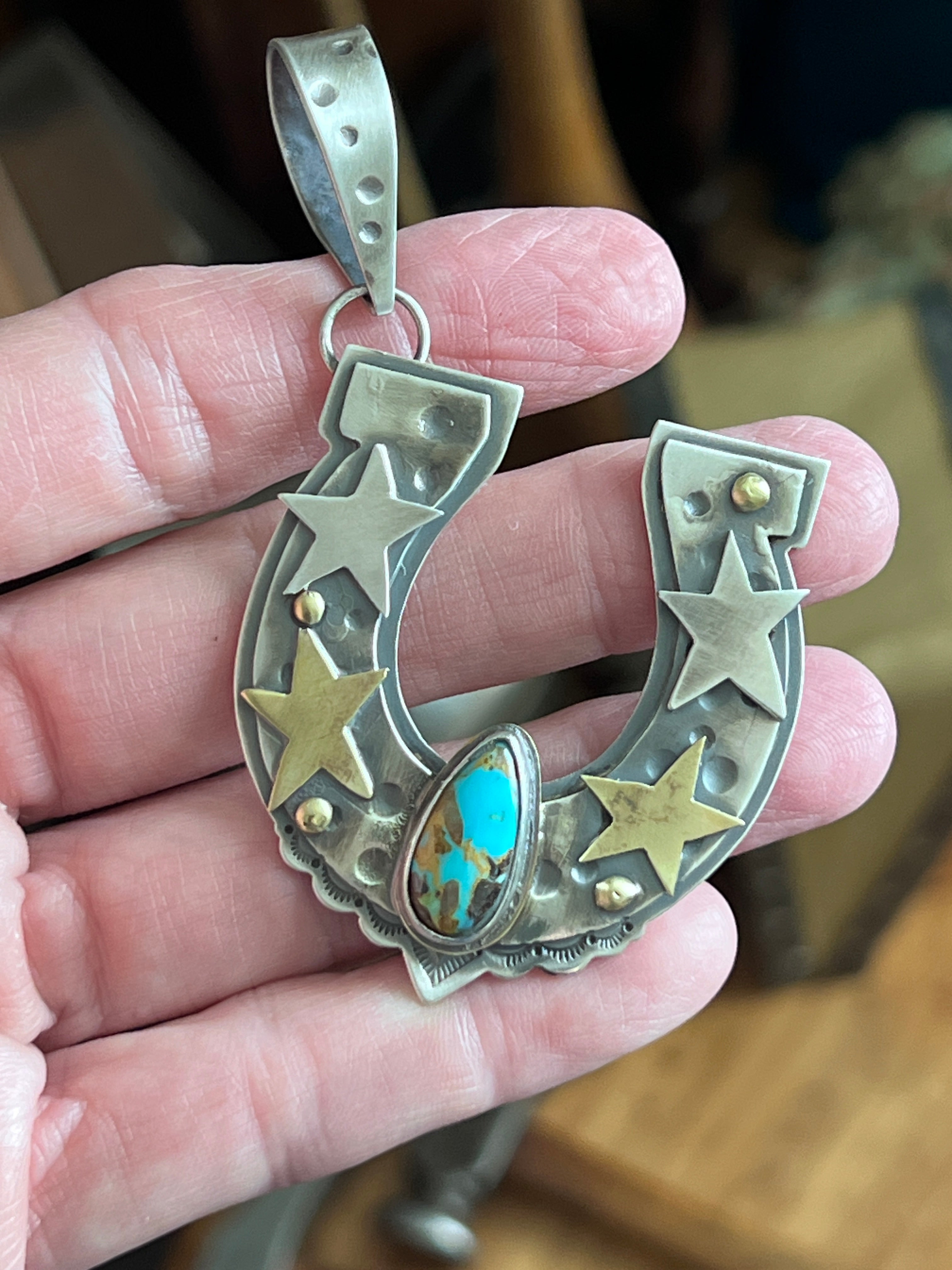 Kimari Somers Hand Stamped Sterling Silver Star Horseshoe Pendant with Brass Accents & Royston Turquoise