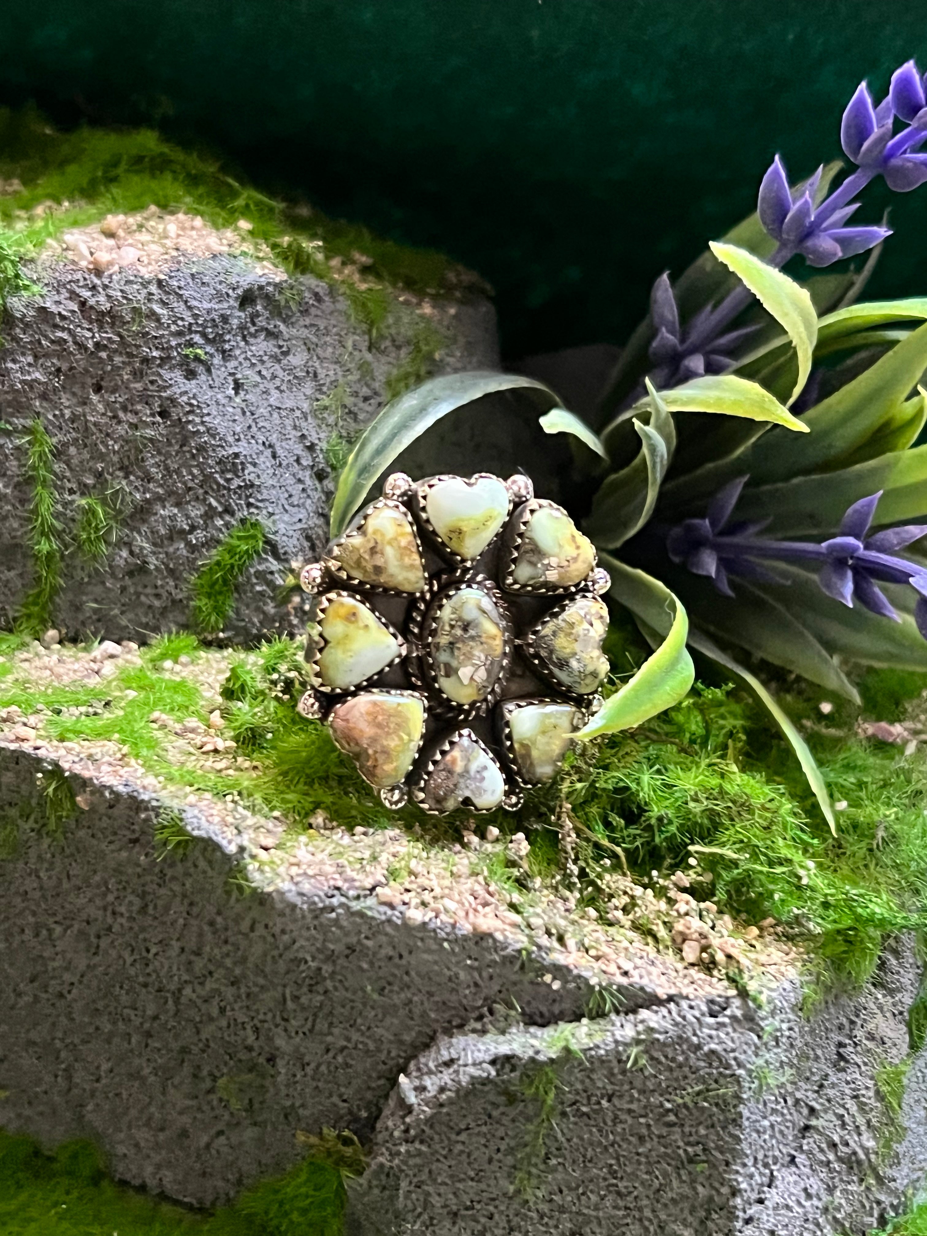 Handmade Palomino Turquoise Heart Cluster Sterling Silver Adjustable Ring