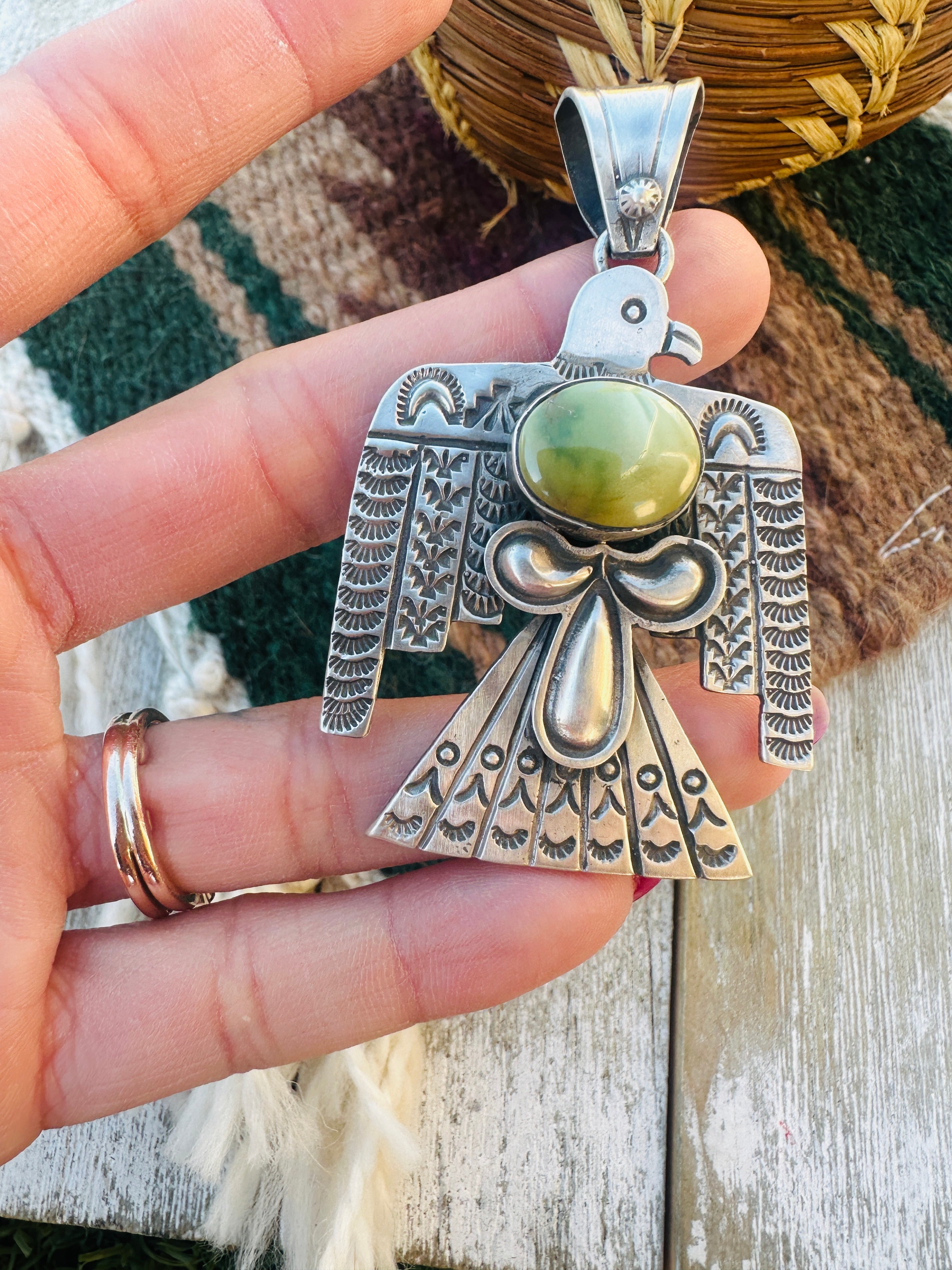 Handcrafted Sterling Silver & Turquoise Thunderbird Pendant by Leroy James