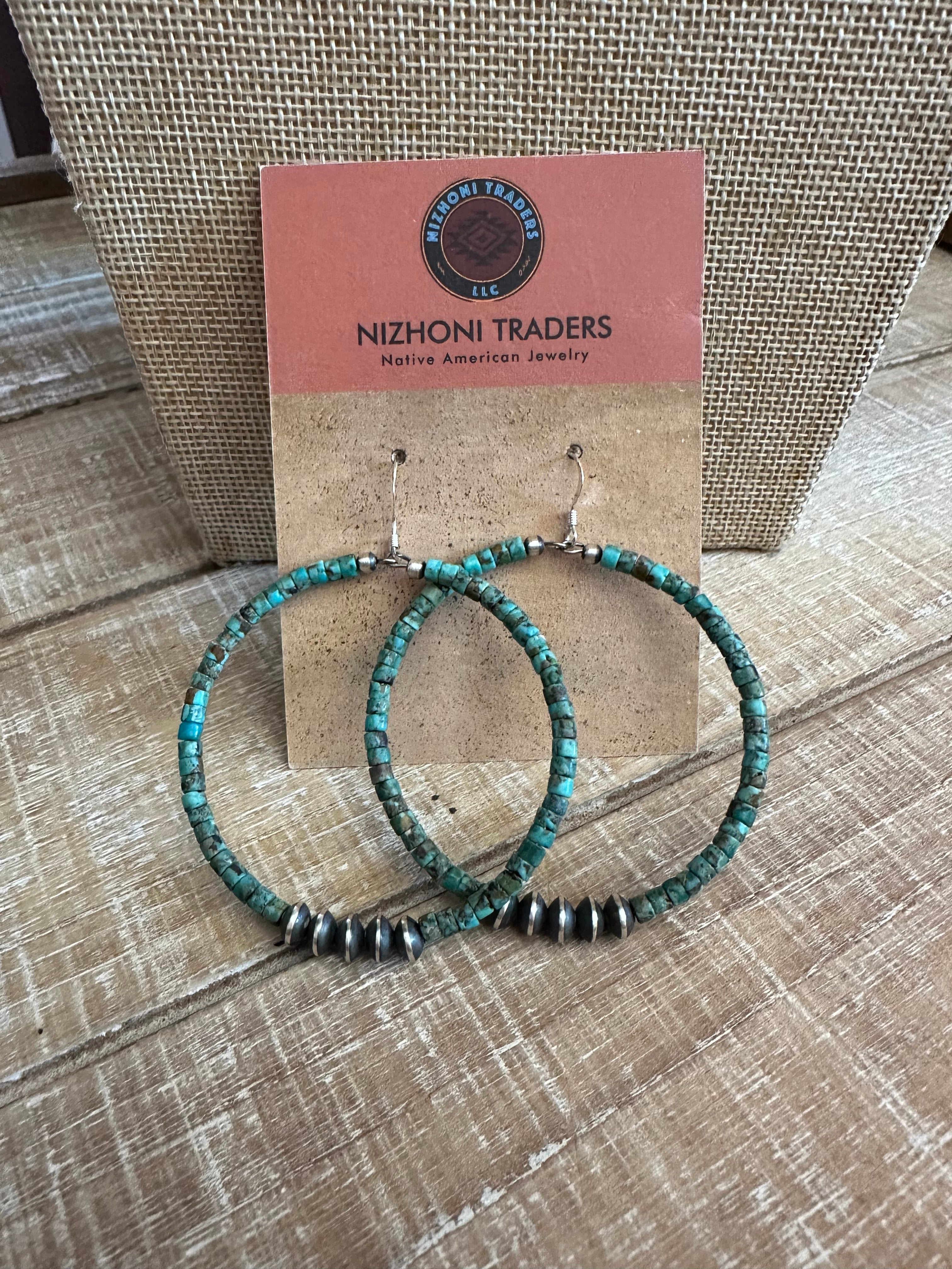 Navajo Sterling Silver and Royston Turquoise 2 inch Beaded Hoop Earrings