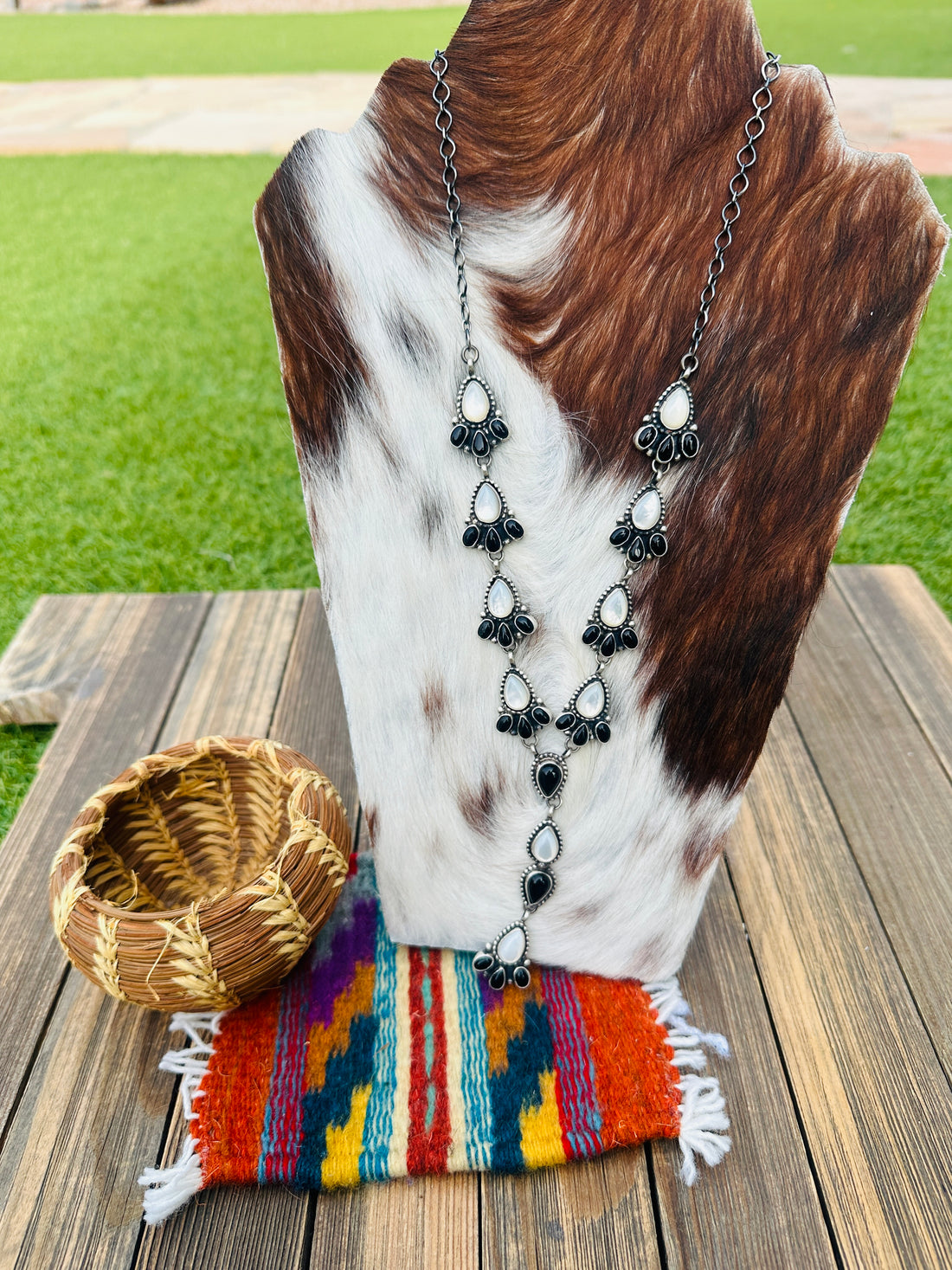 Handcrafted Mother of Pearl, Onyx & Sterling Silver Lariat Necklace by Sheila Becenti