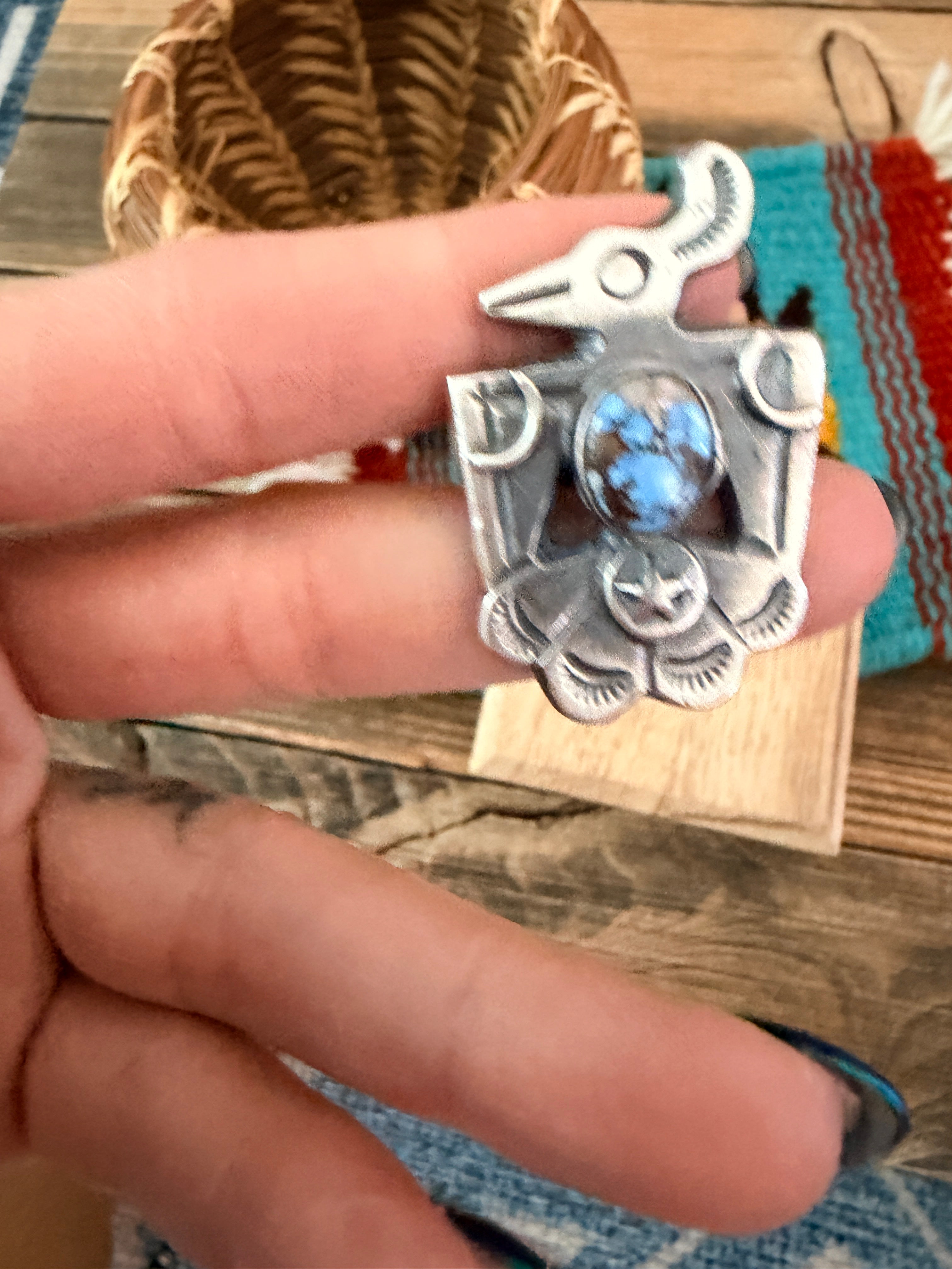 Handcrafted Golden Hills Turquoise and Sterling Silver Thunderbird Ring size 8.75 by Chimney Butte