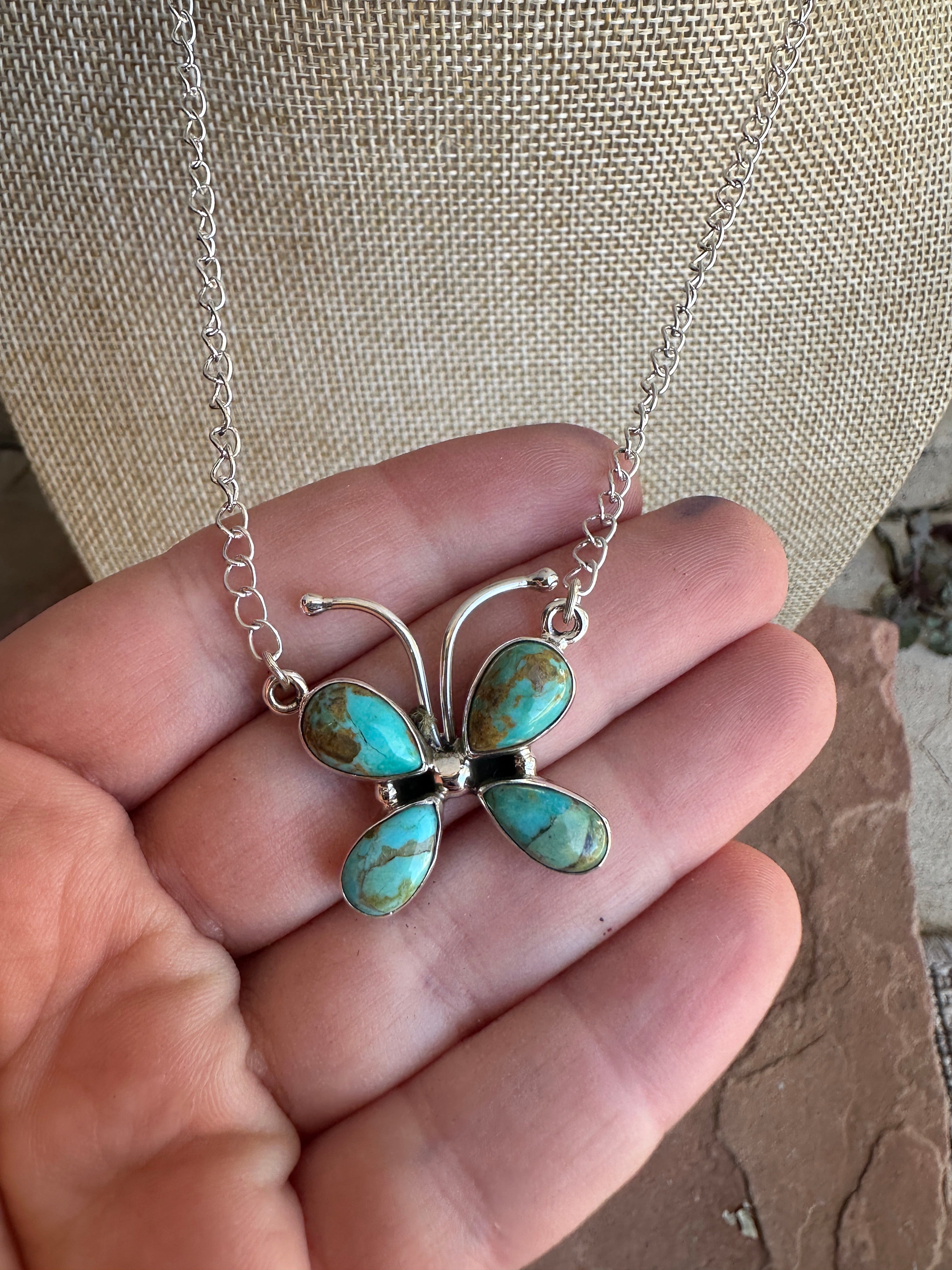 Beautiful Handmade Sterling Silver & Turquoise Butterfly Necklace