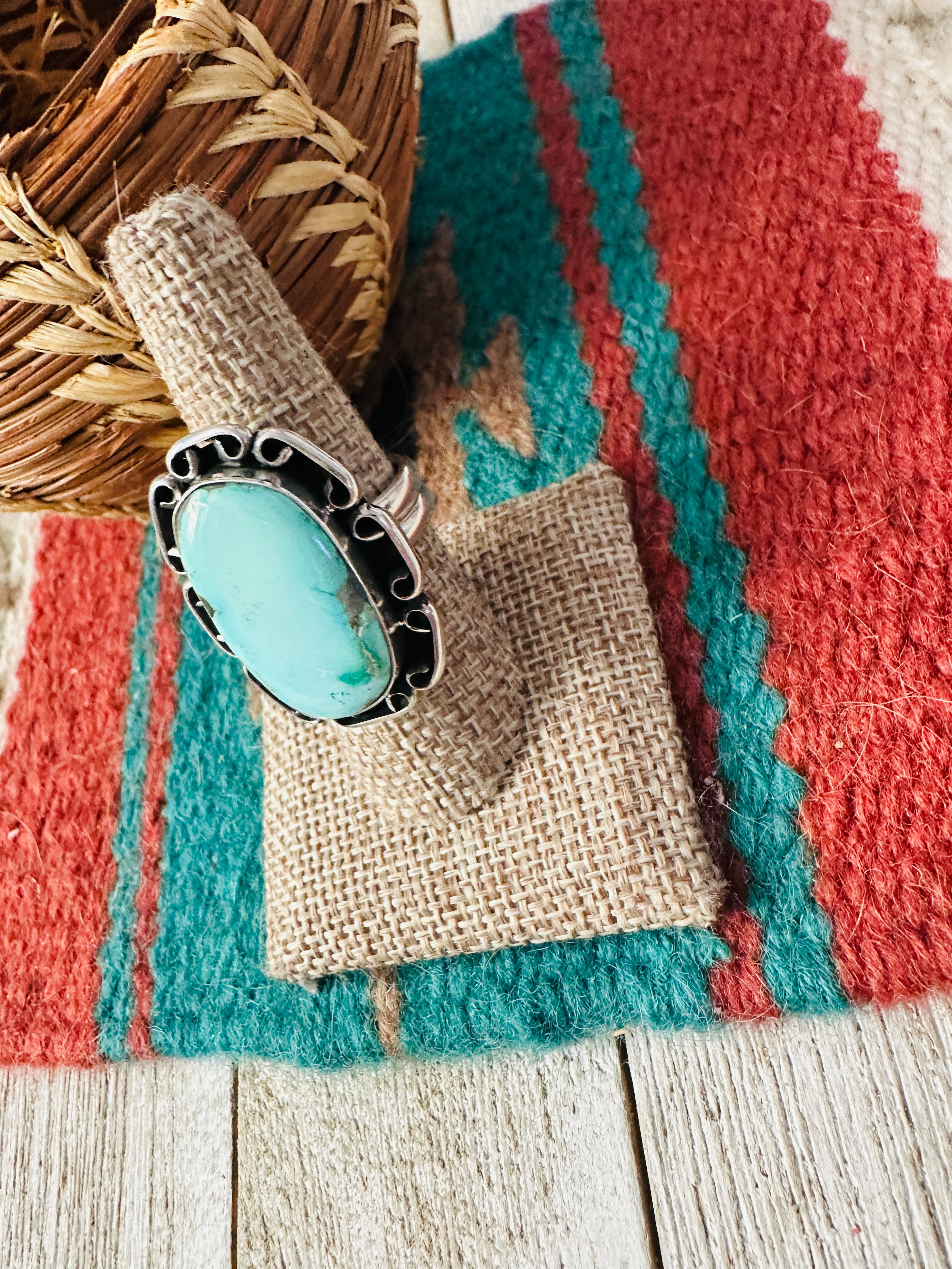 Handcrafted Carico Lake Turquoise & Sterling Silver Ring size 8