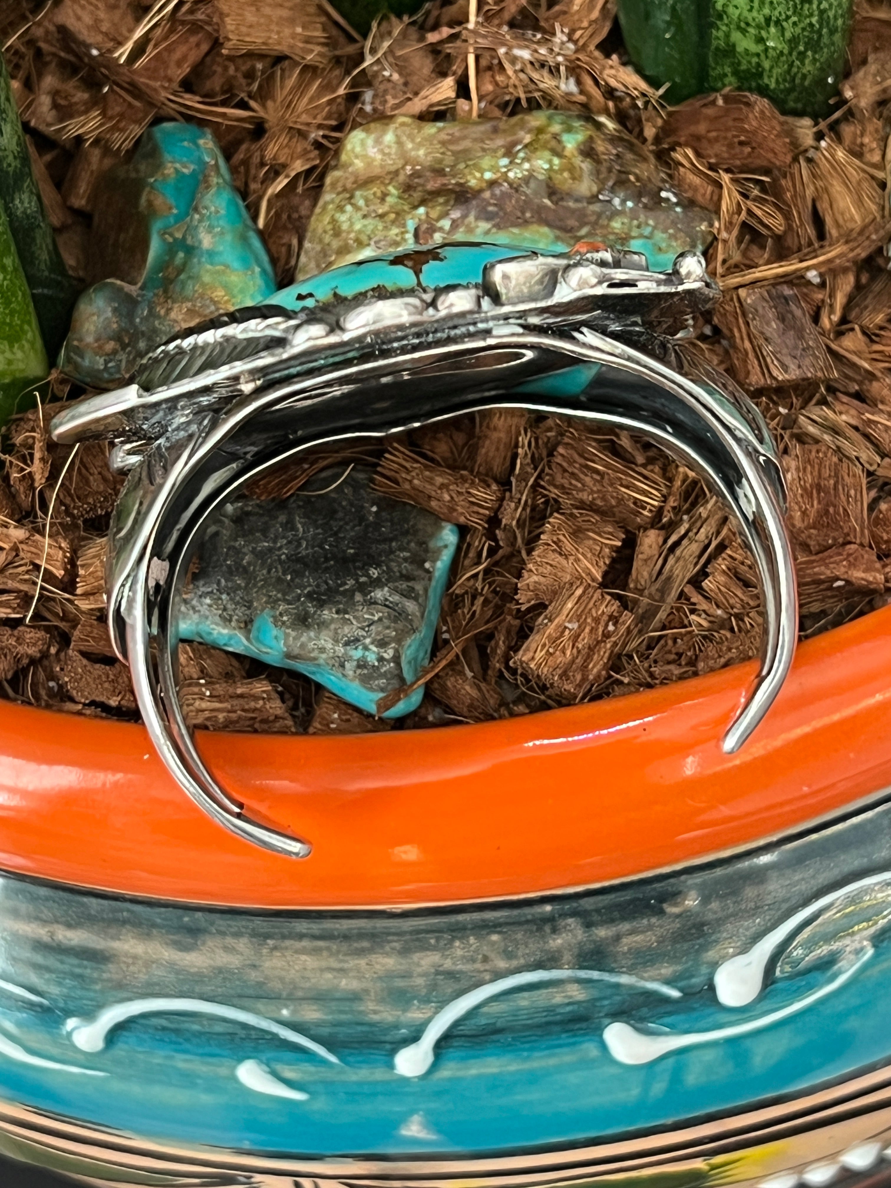 Handcrafted Vintage Sterling Silver, Turquoise and Coral Cuff Bracelet, Unsigned /