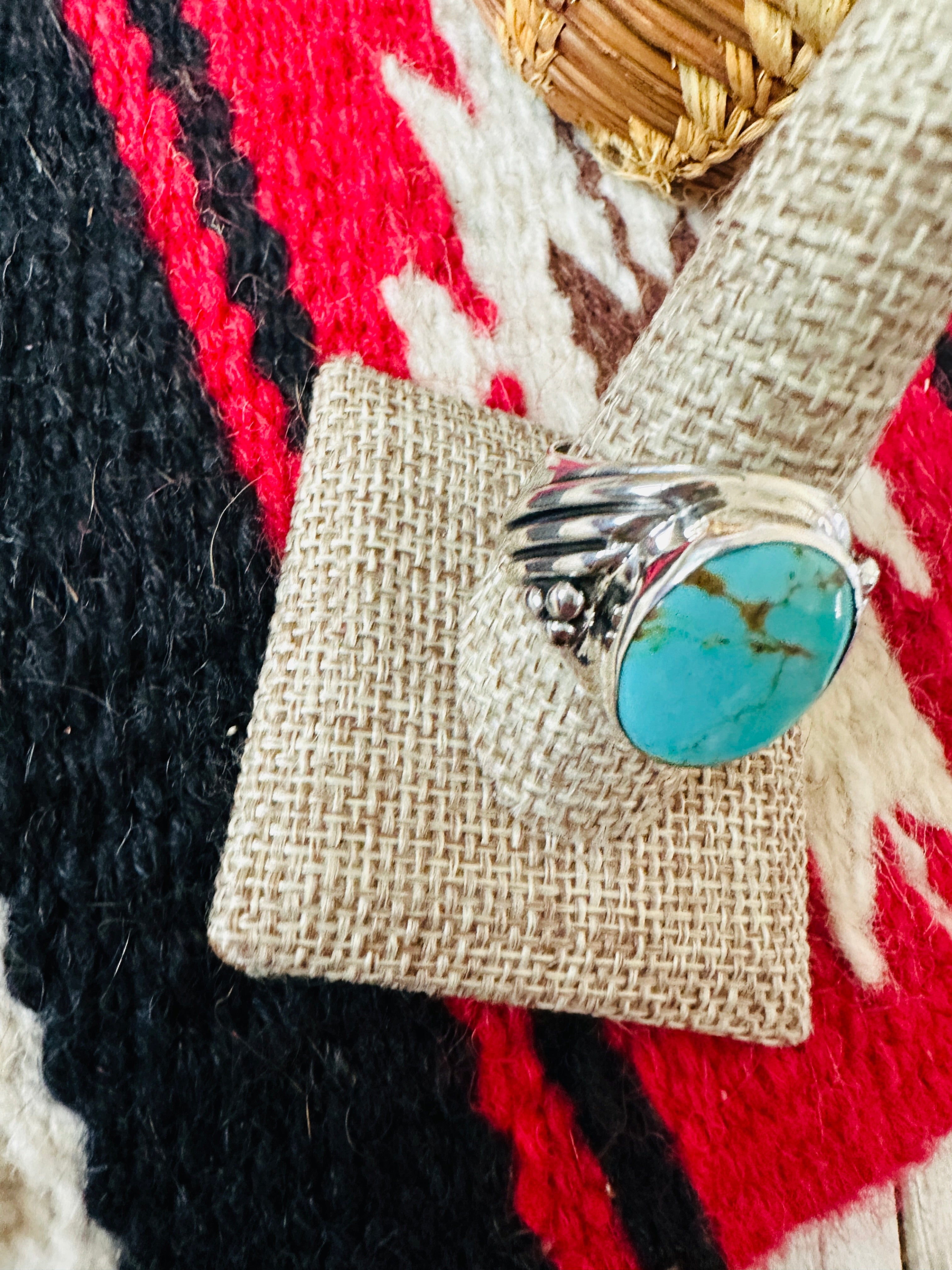 Handcrafted Turquoise & Sterling Silver Cigar Band Ring Size 10.5