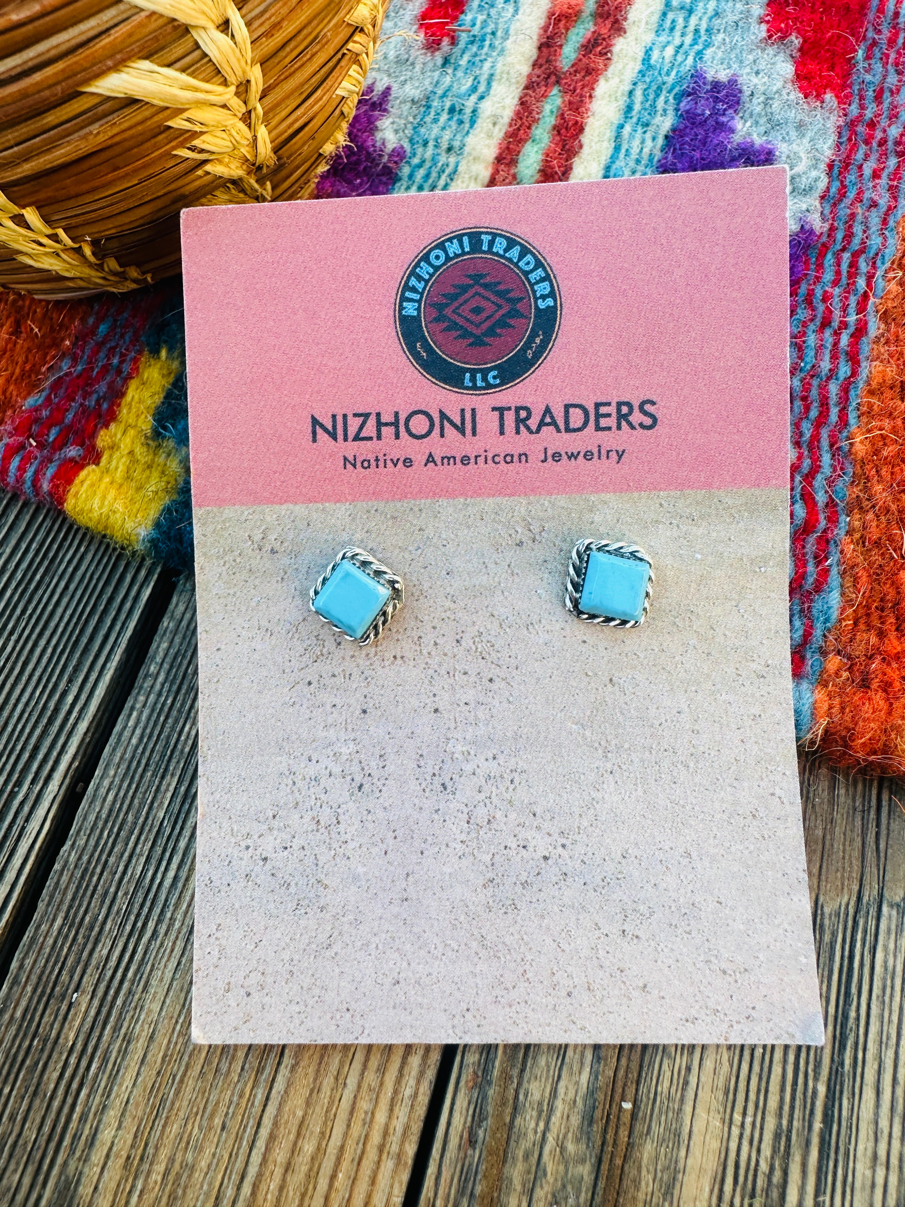 Handcrafted Turquoise & Sterling Silver Square Stud Earrings