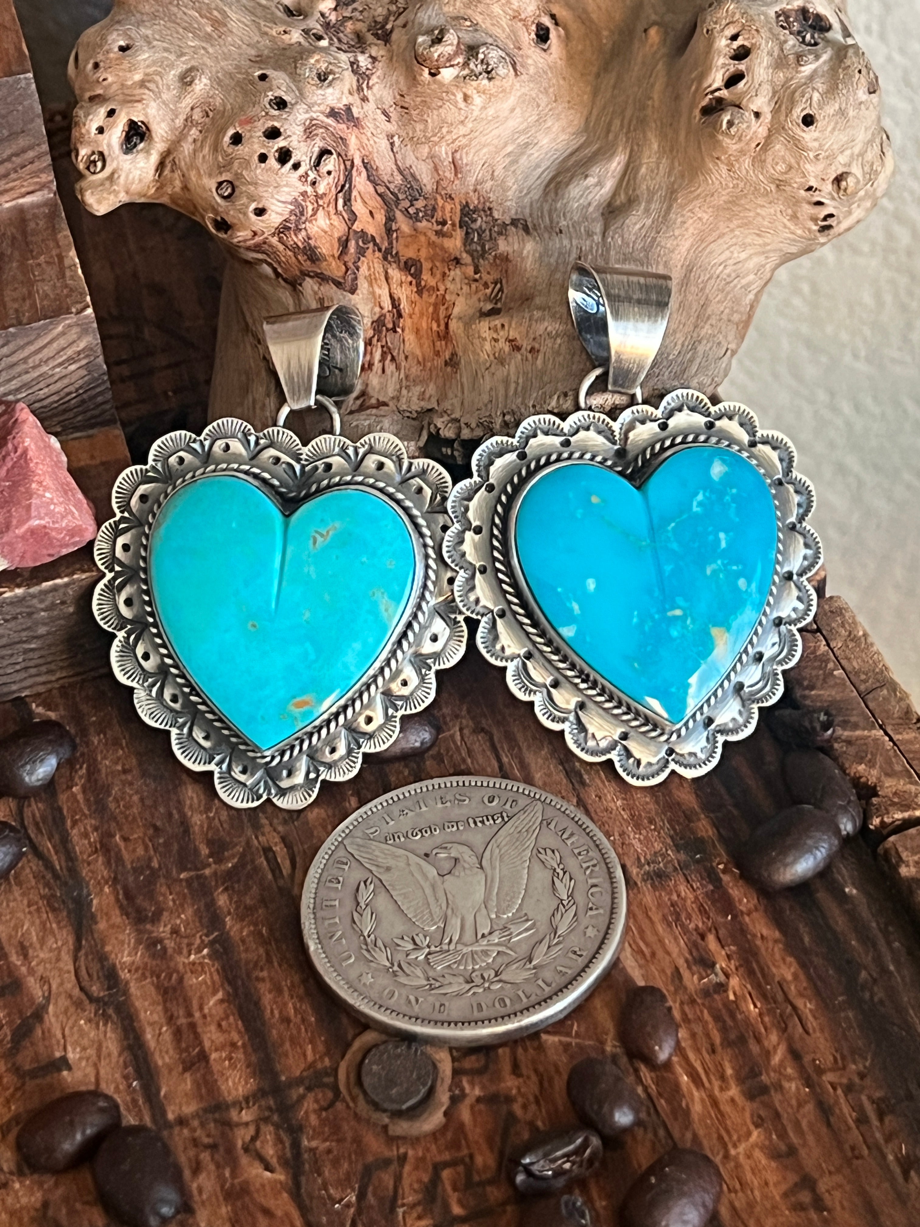 Hand Stamped Sterling Silver & Kingman Turquoise Heart Pendant by June Delgarito
