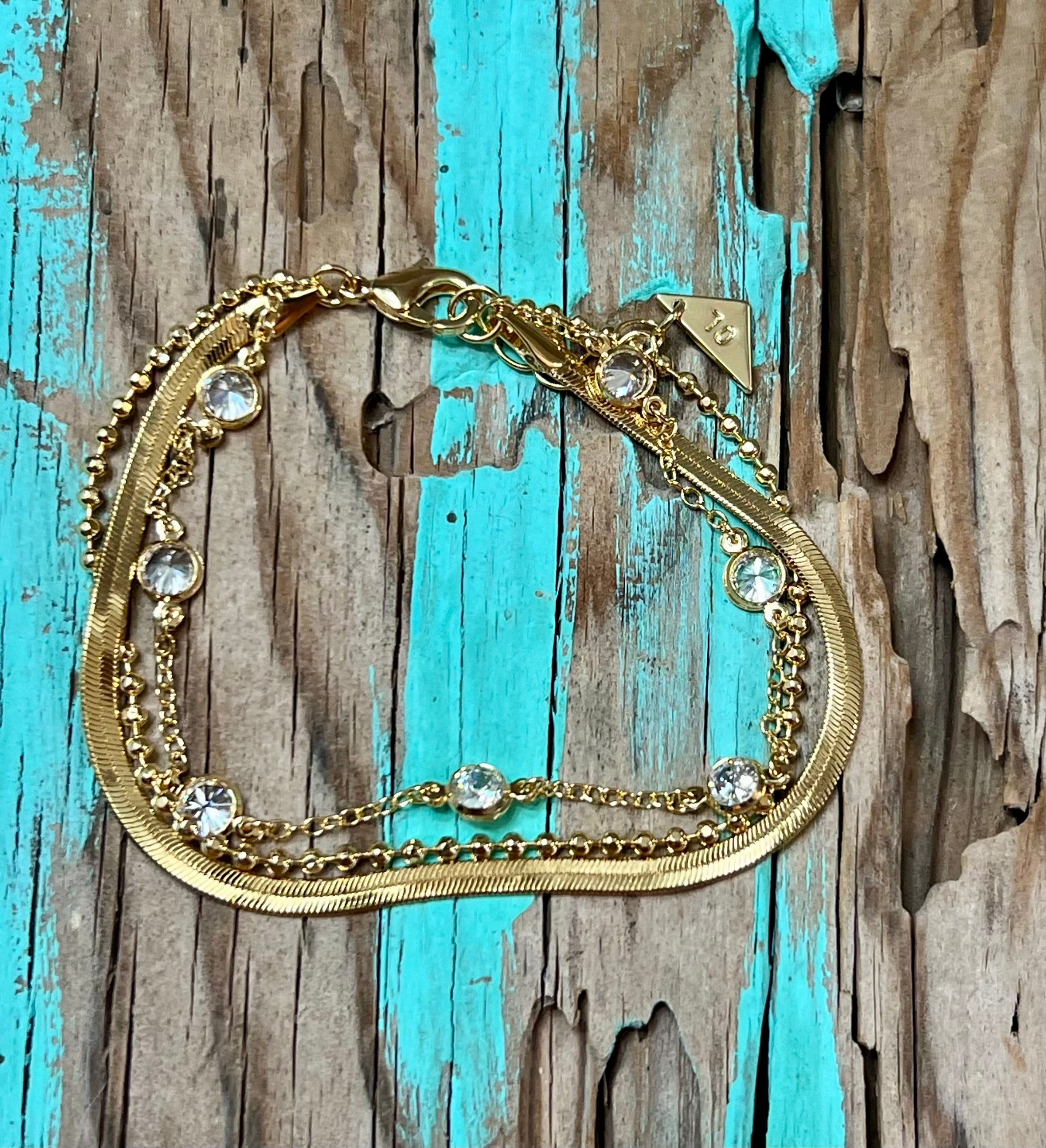 Paisley CZ & Layered Chain Bracelet 14k Gold