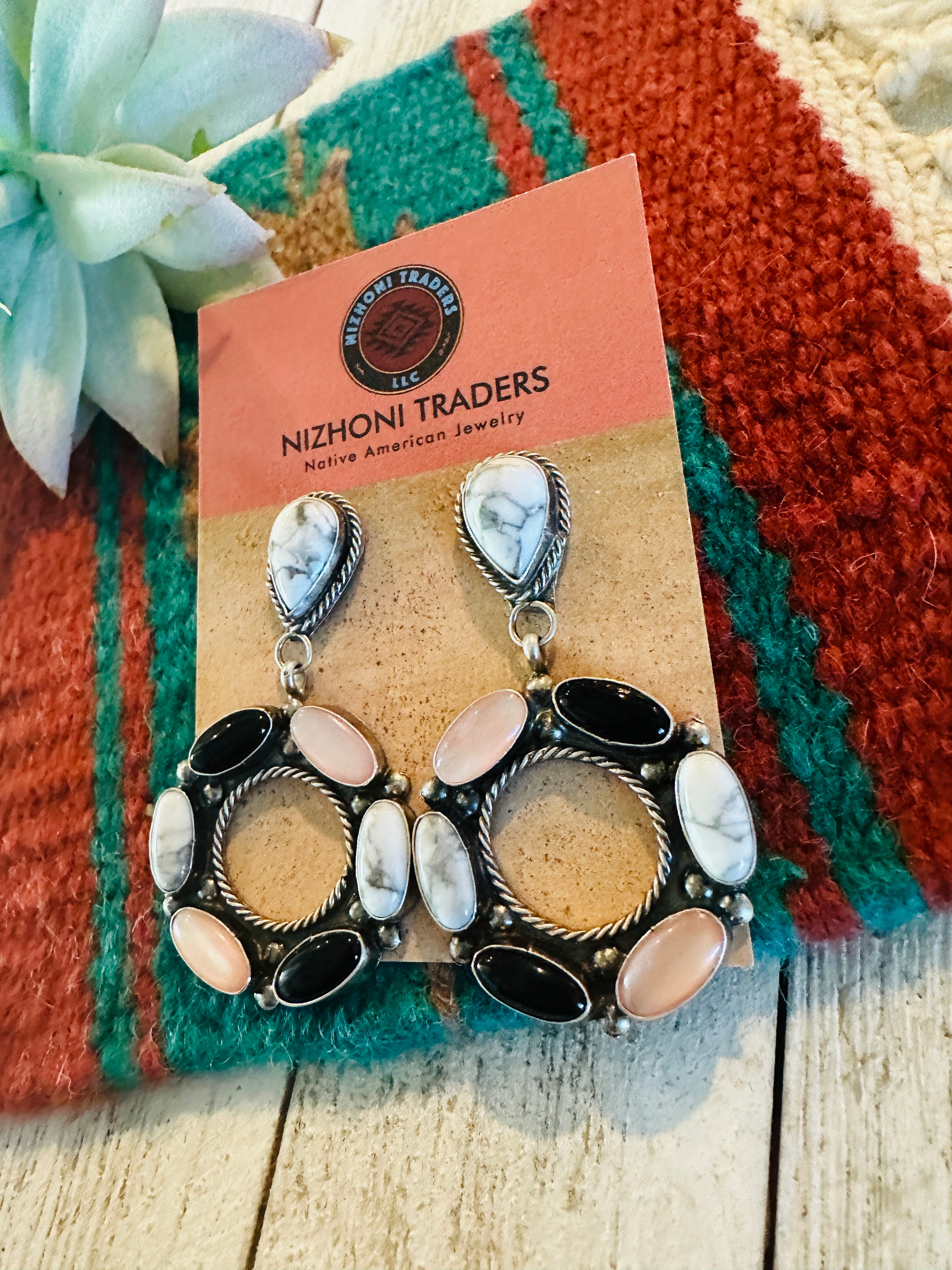 Navajo White Buffalo, Onyx, Mother of Pearl and Sterling Silver Dangle Earrings