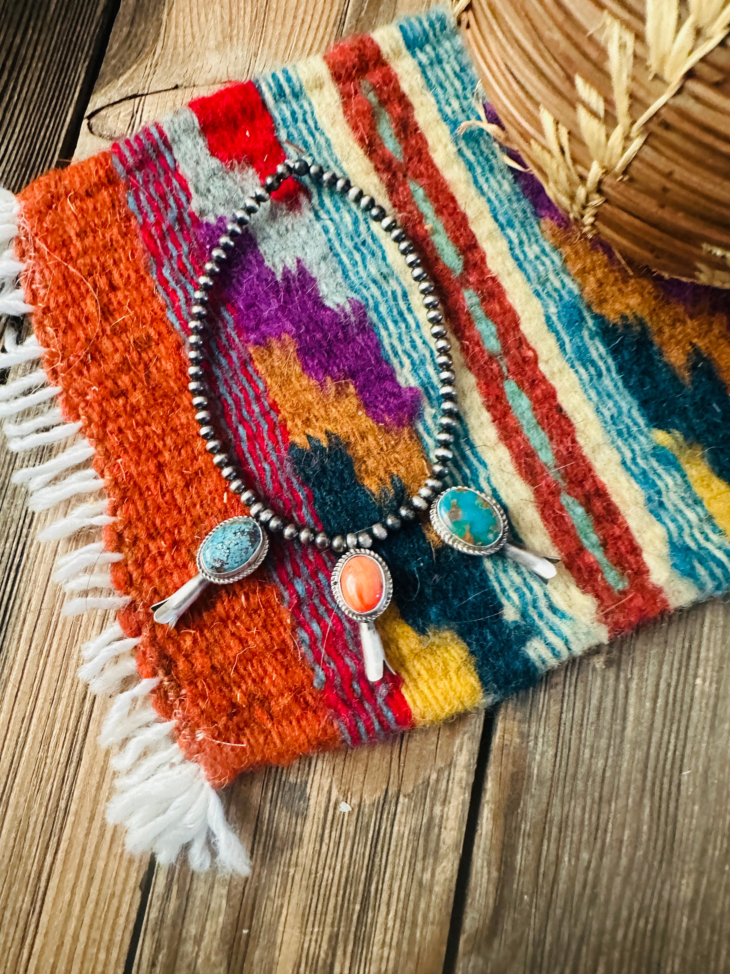 Handcrafted 3mm Sterling Silver Pearl, Turquoise & Spiny Oyster Blossom Stretch Bracelet