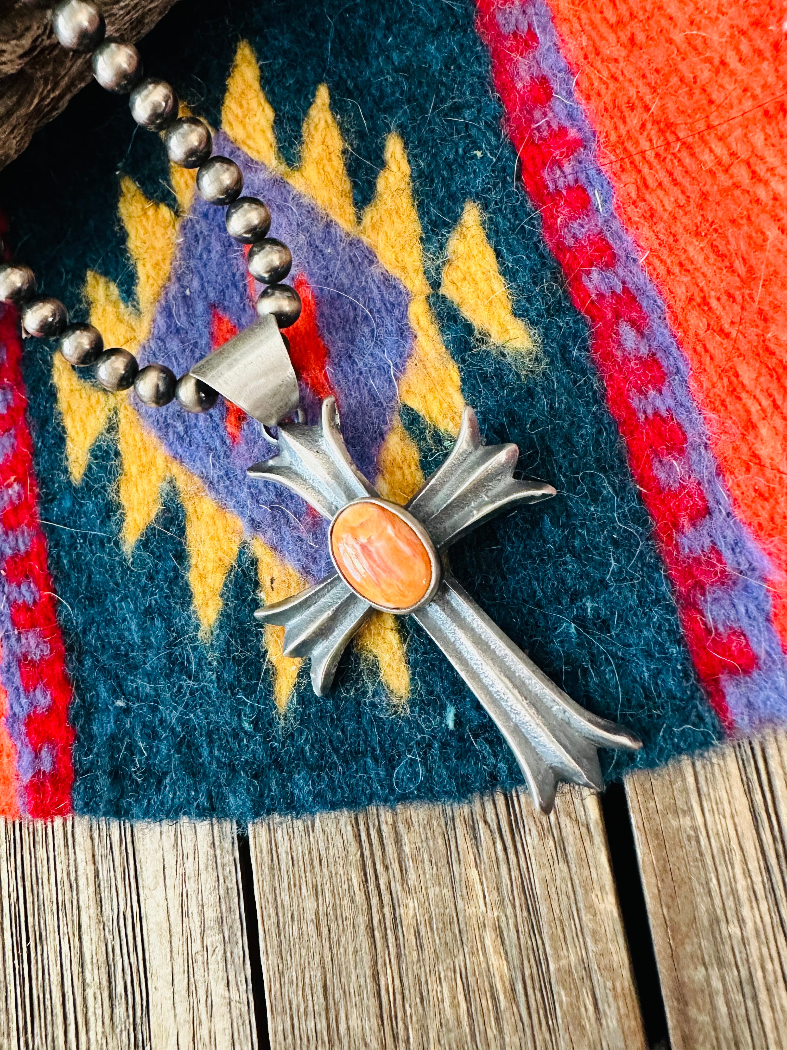 Navajo Sterling Silver & Orange Spiny Cross Pendant by Chimney Butte