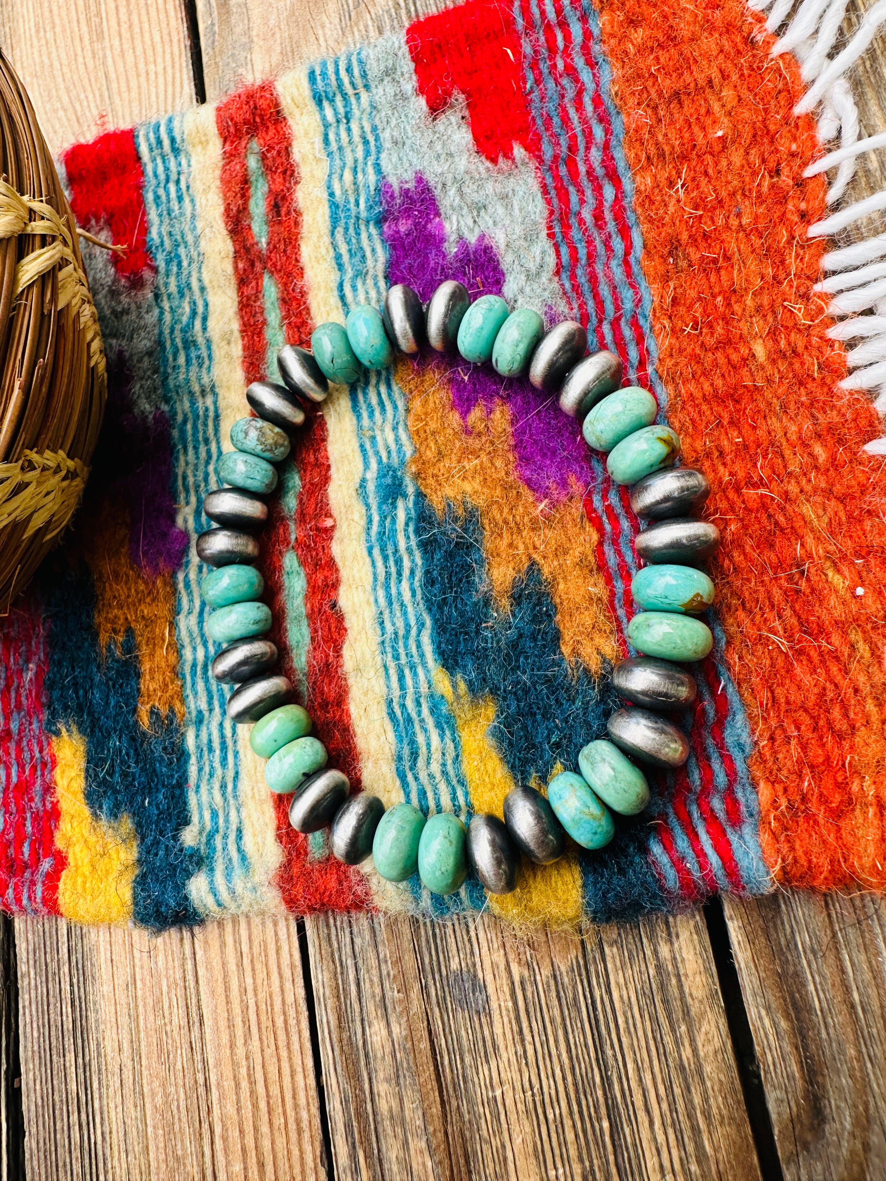 Handcrafted Turquoise & Sterling Silver Saucer Bead Stretch Bracelet