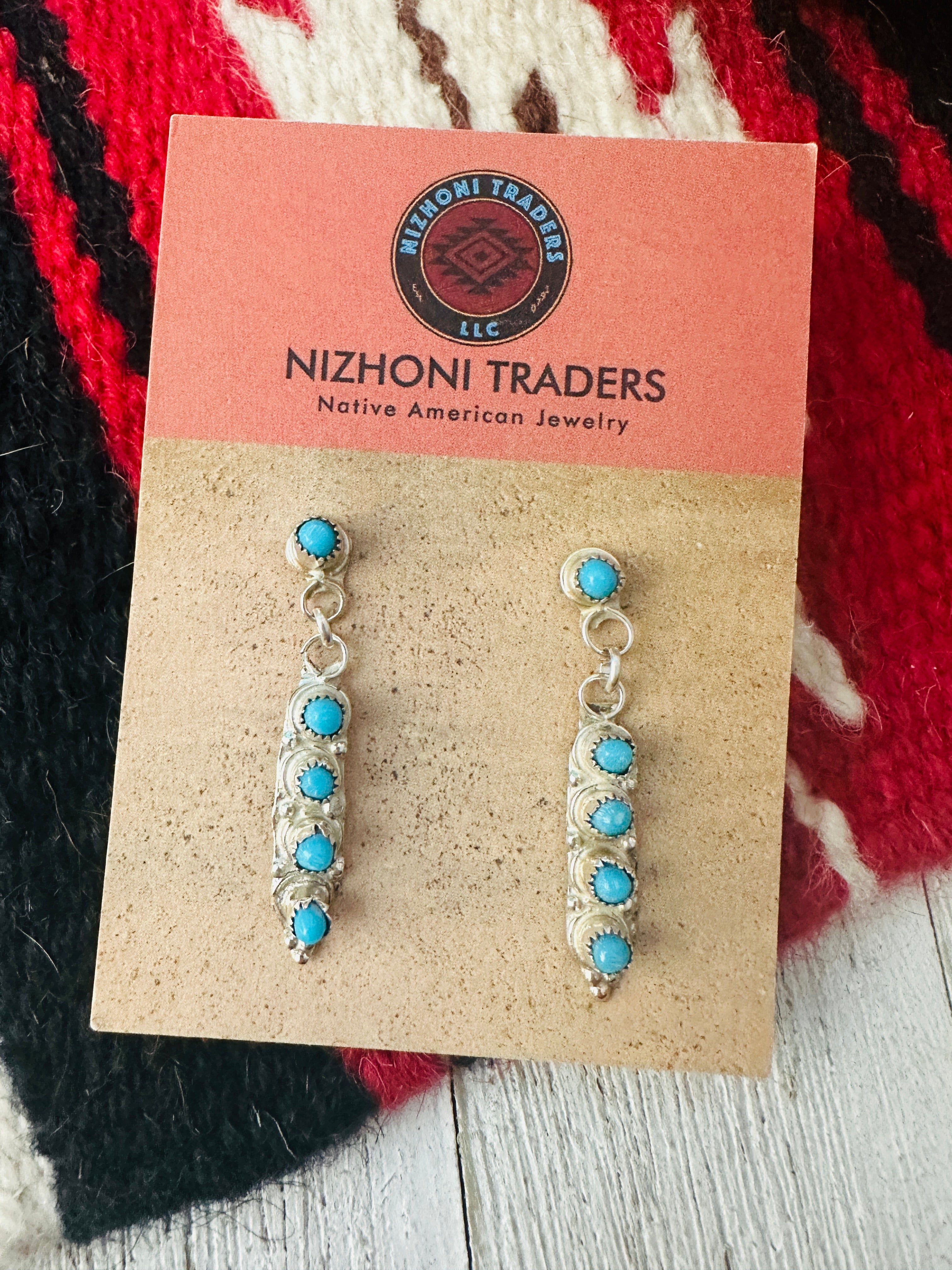 Zuni Sterling Silver & Turquoise Cluster Dangle Earrings